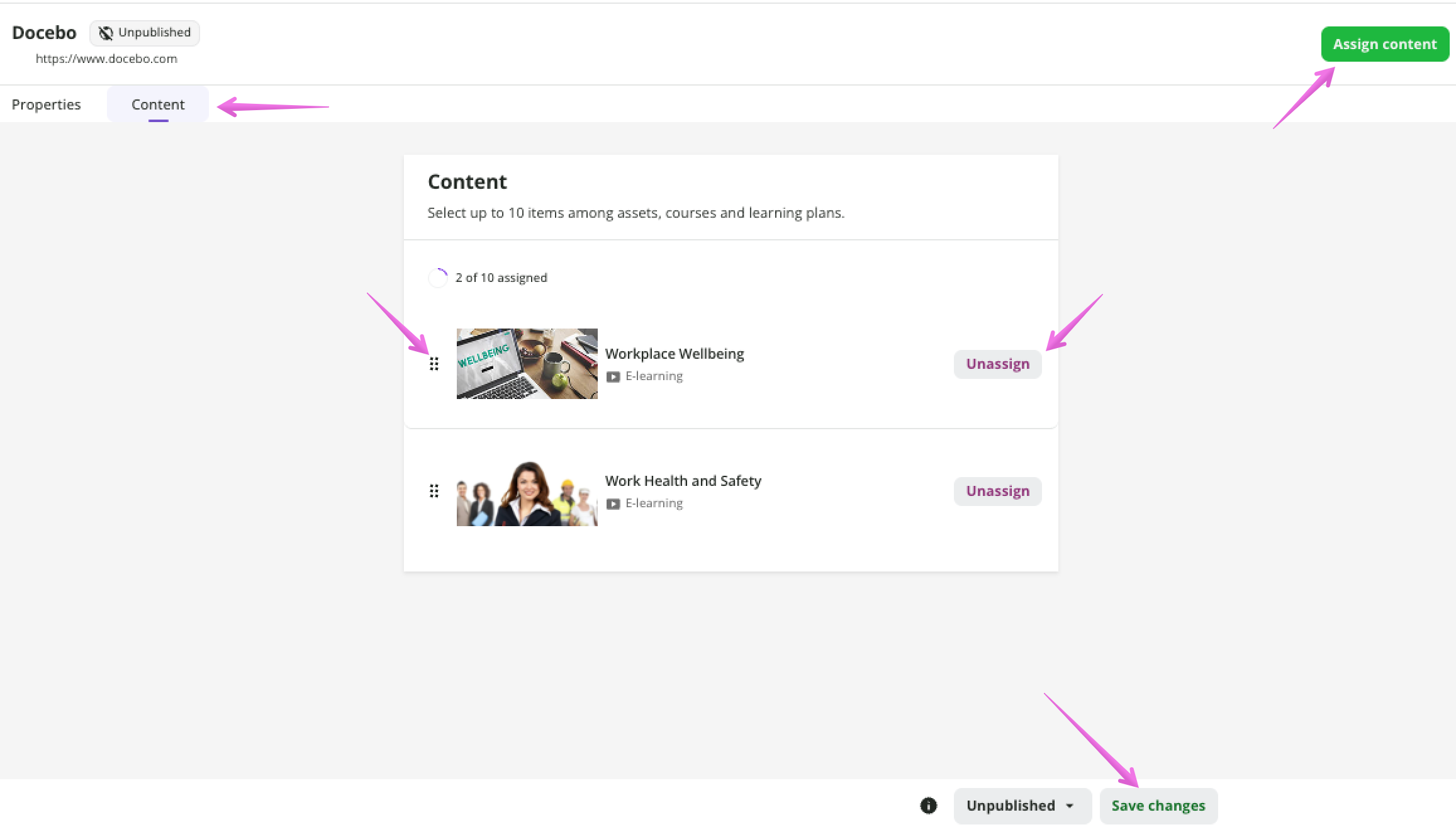 Selecting the content tab, assigning and unassigning content, reordering content and saving the changes
