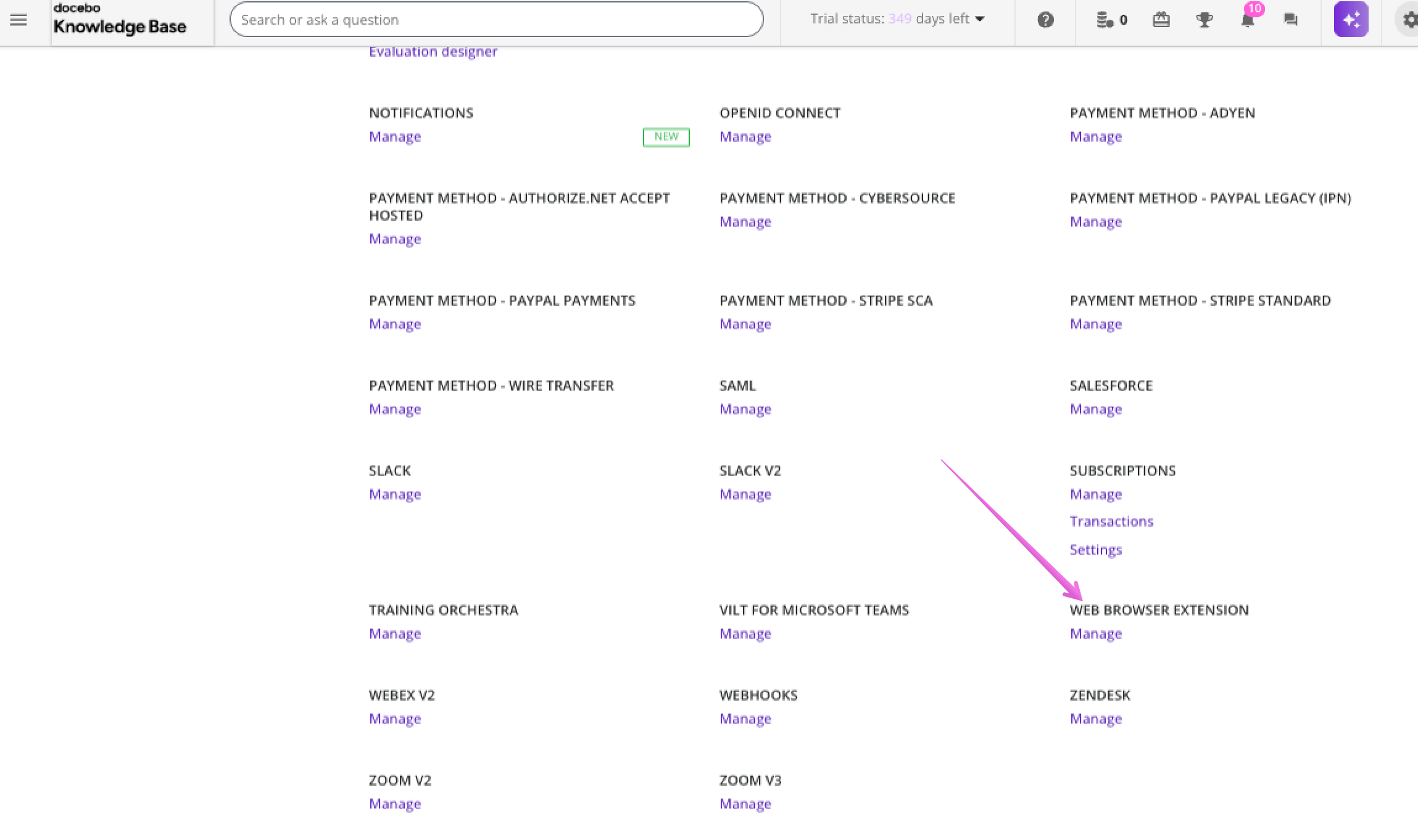 Pressing manage in the Web Browser Extension area of the admin menu