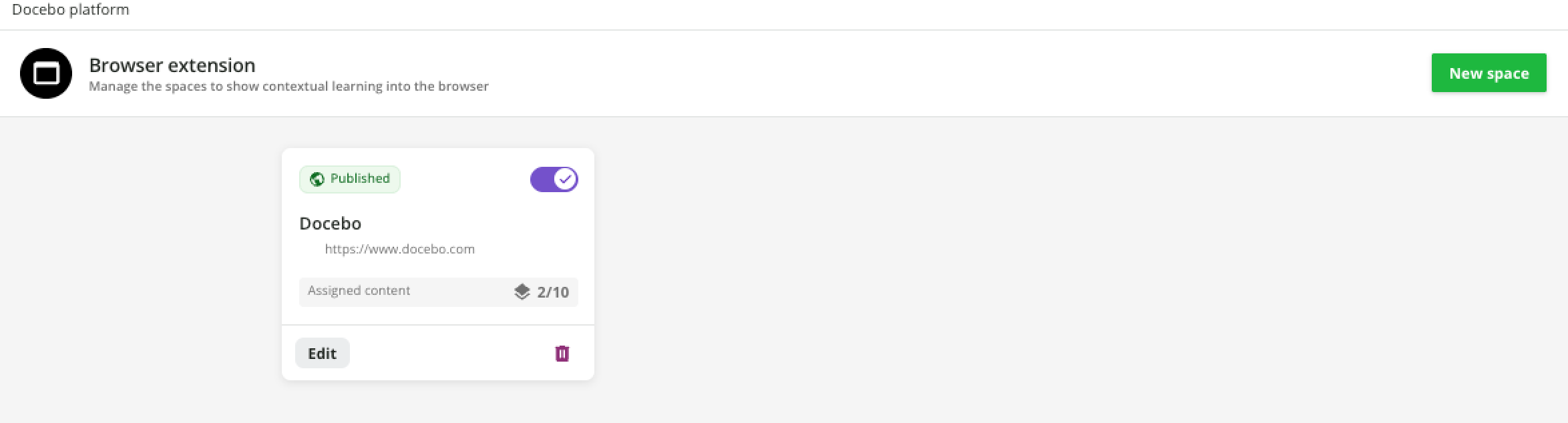 The card displaying the count of assigned content, the publish and unpublish toggle, the edit button and the trashcan icon.