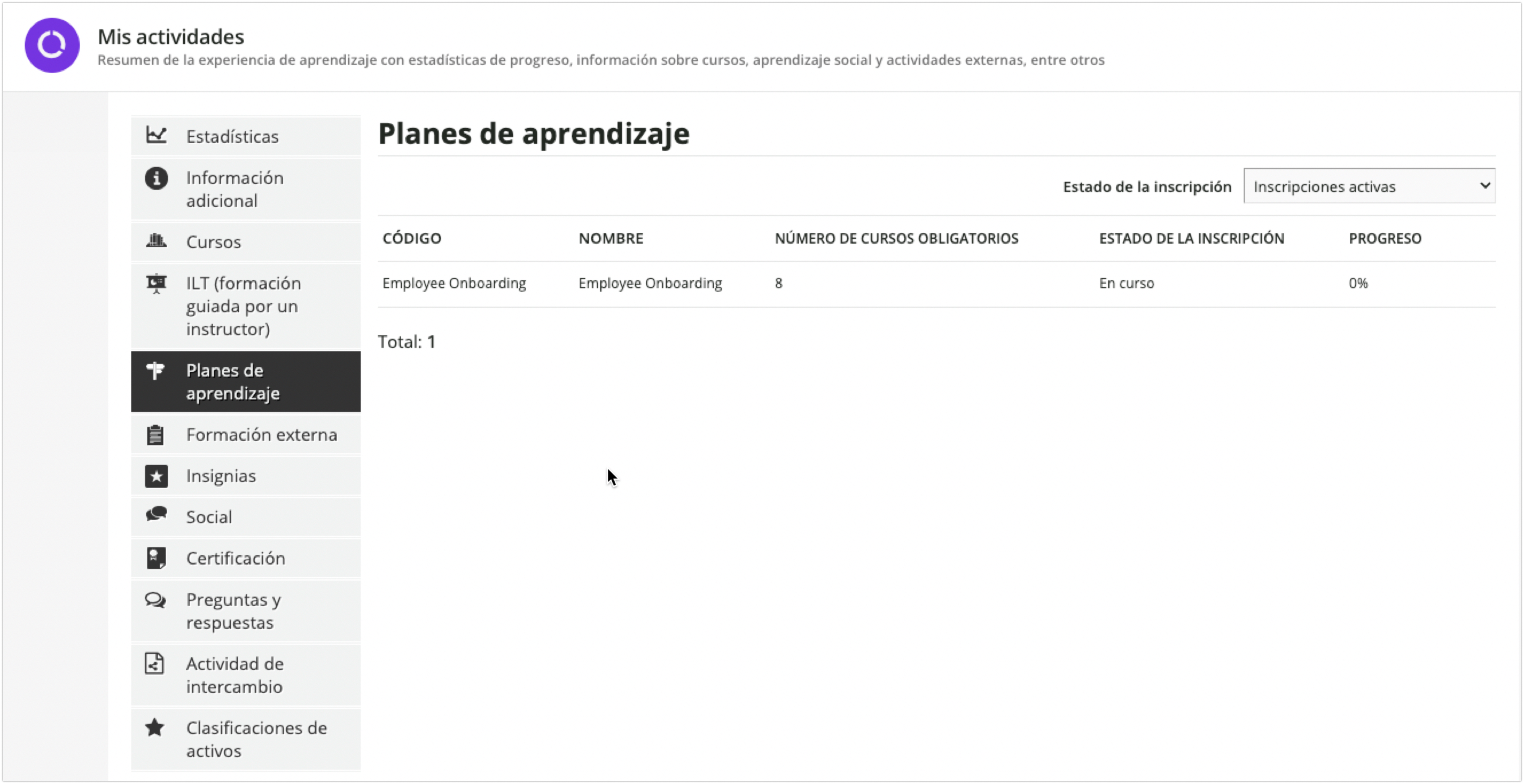 Pestaña Planes de aprendizaje