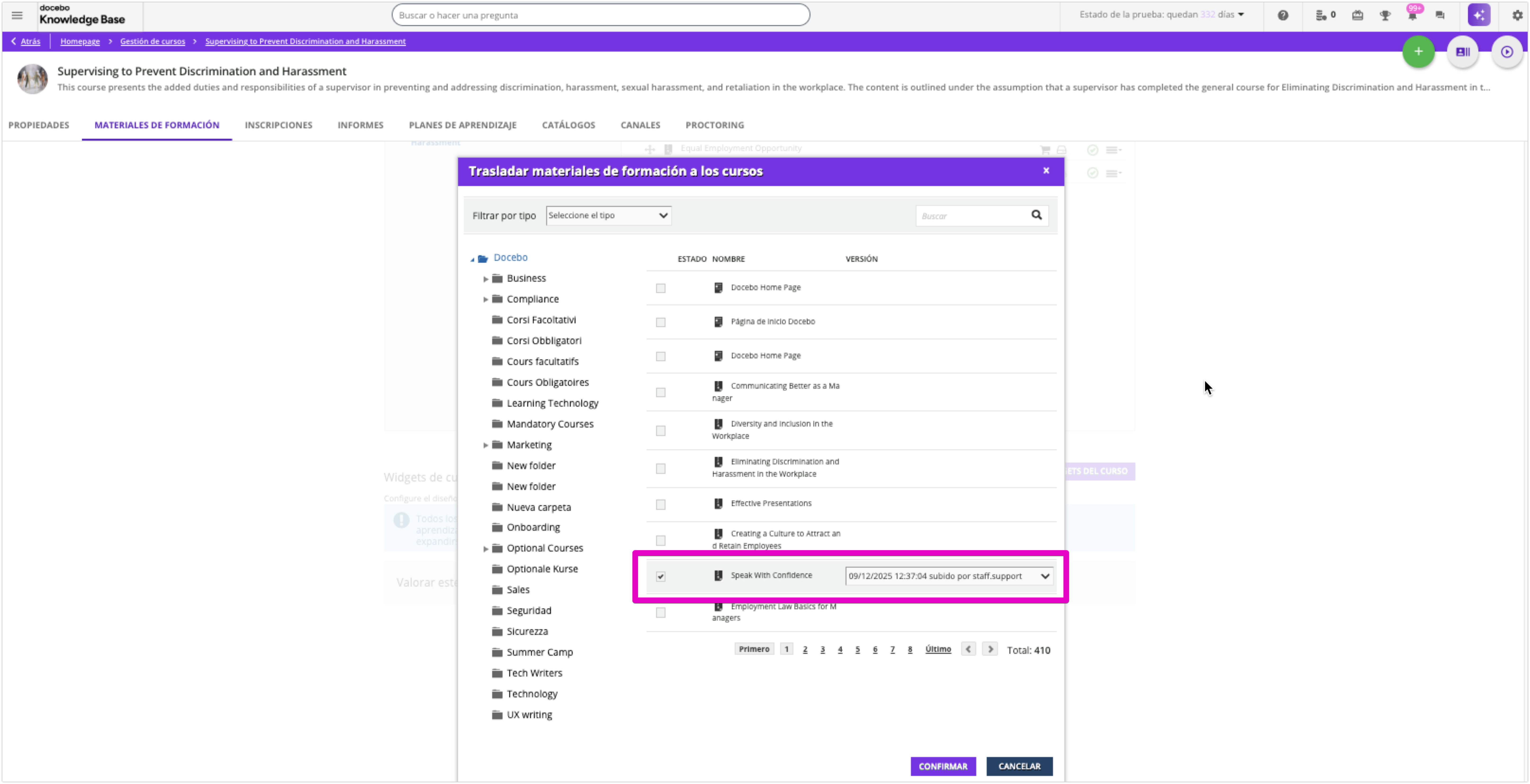 Selección del material de formación y la versión