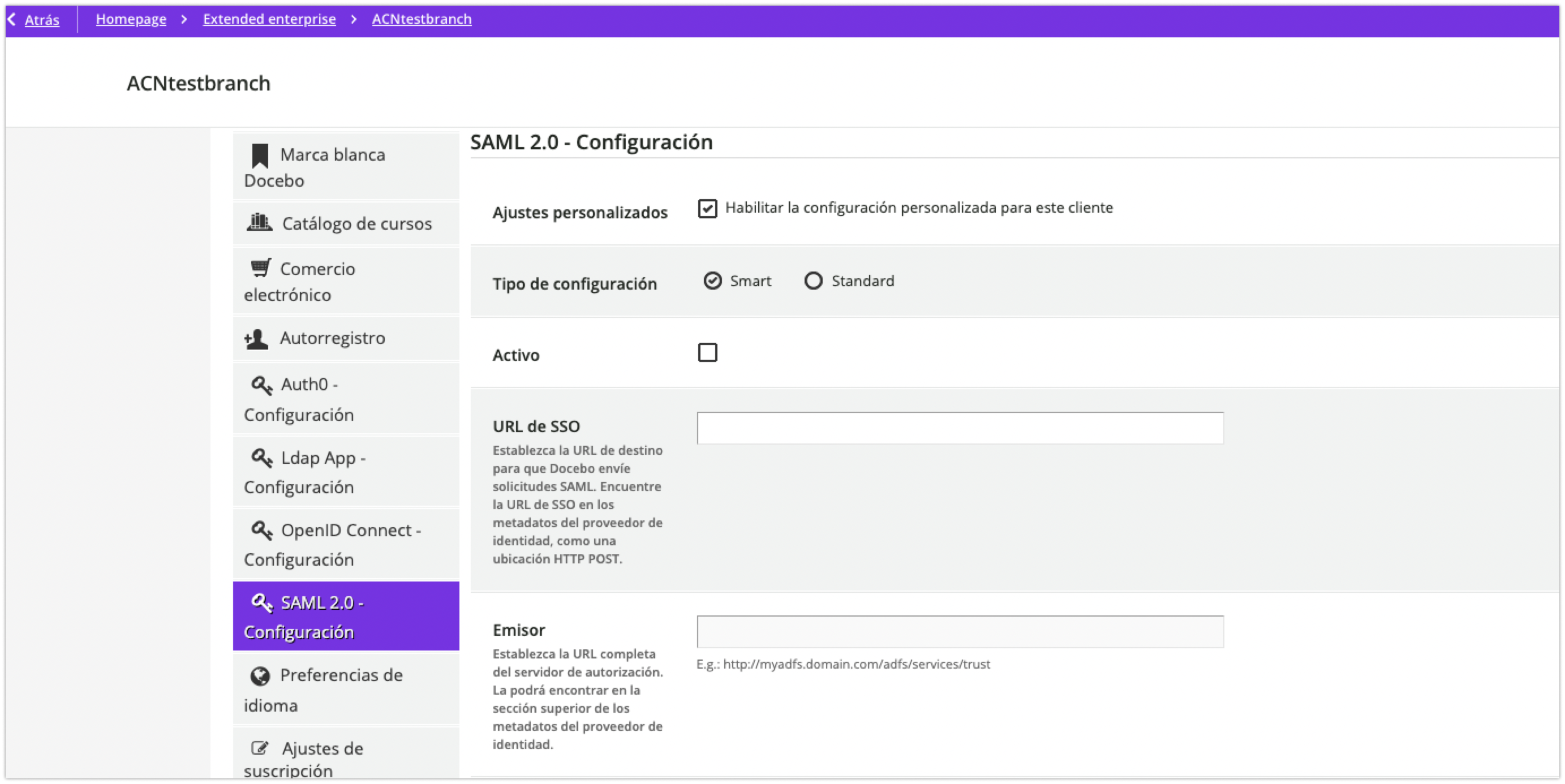 Configuración SAML en Extended enterprise