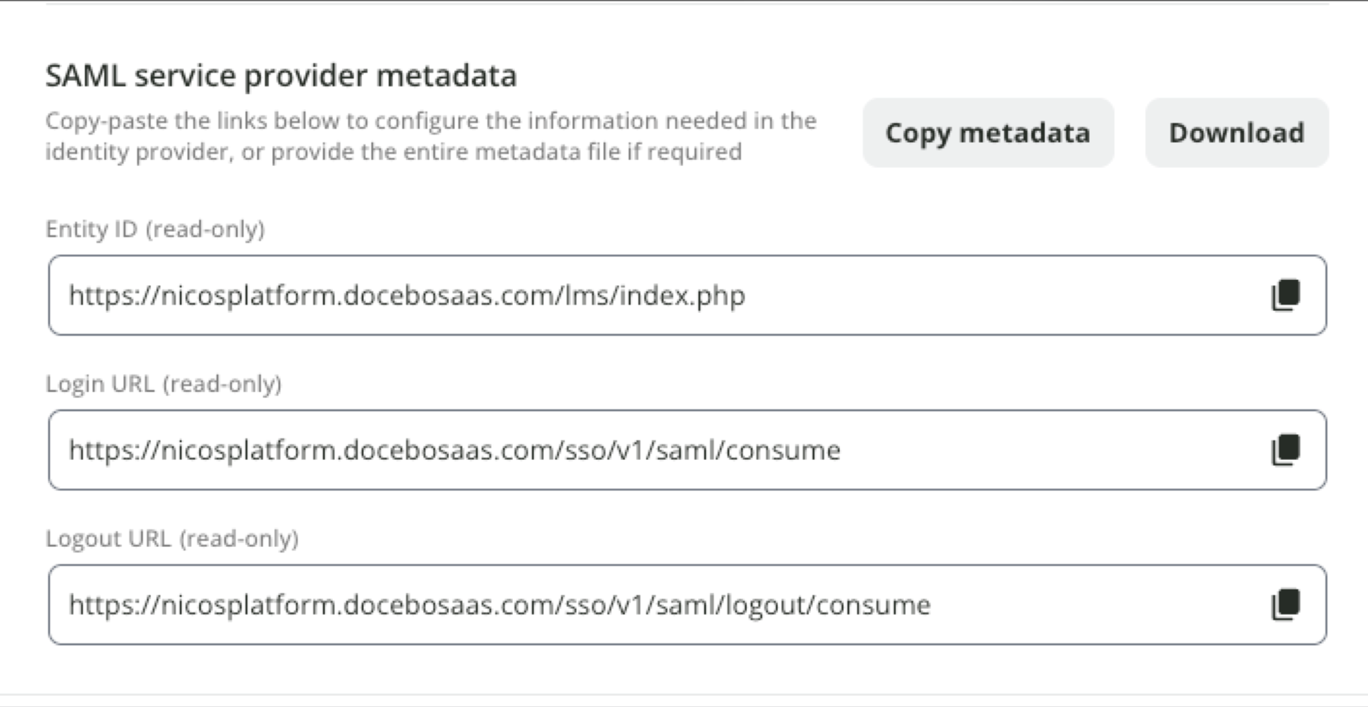 Metadatos del proveedor de servicios SAML
