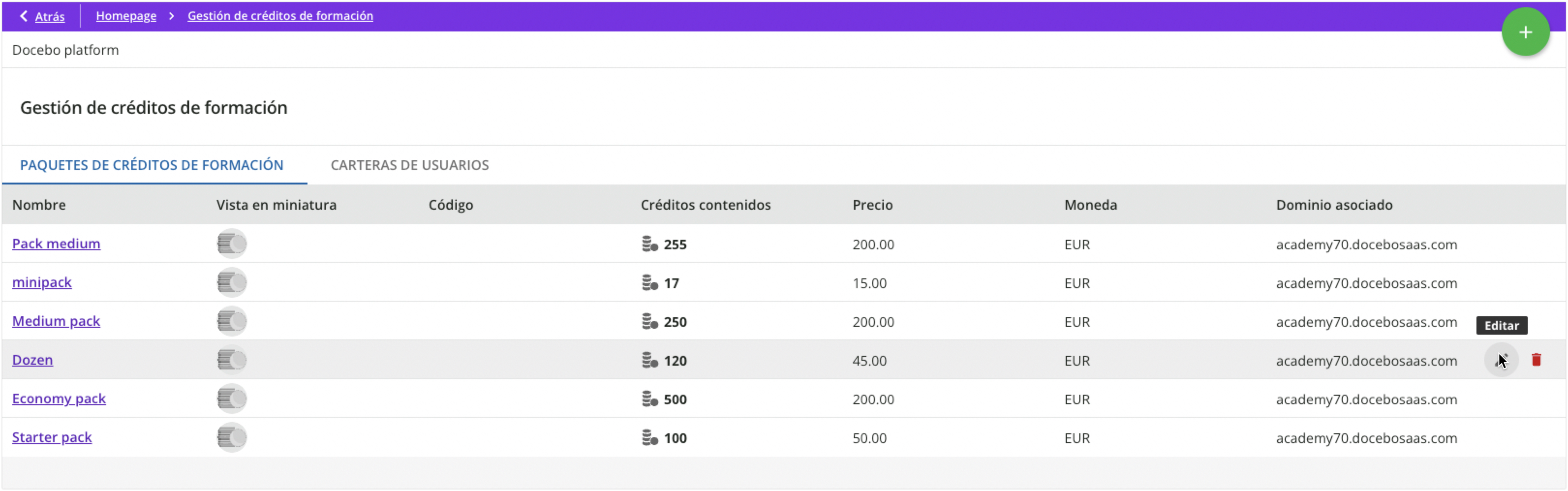 Página Gestión de créditos de formación