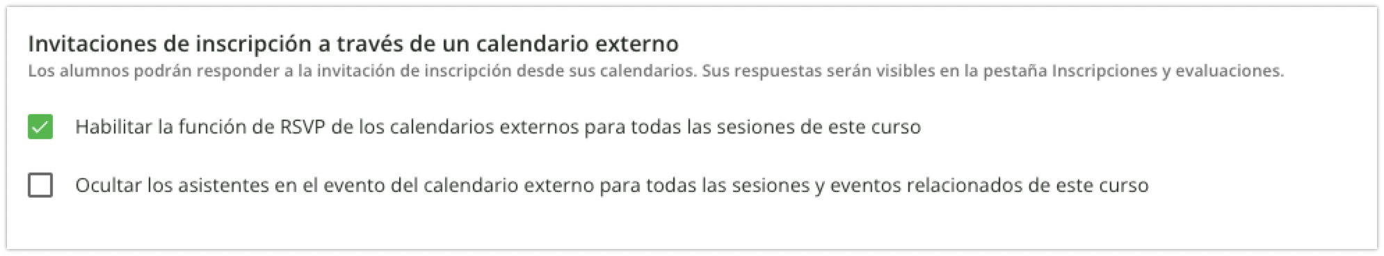 Invitaciones de inscripción a través de un calendario externo en la gestión de cursos