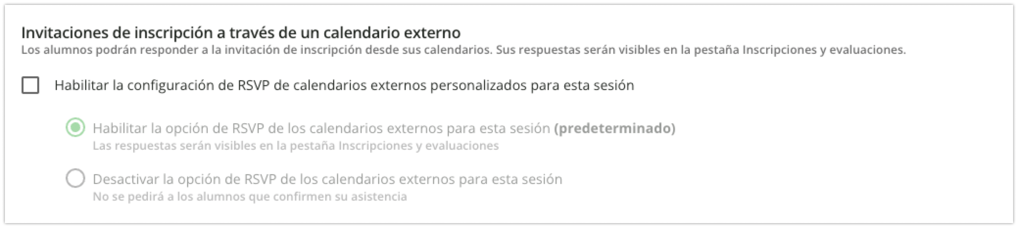 Invitaciones de inscripción a través de un calendario externo a nivel de sesión