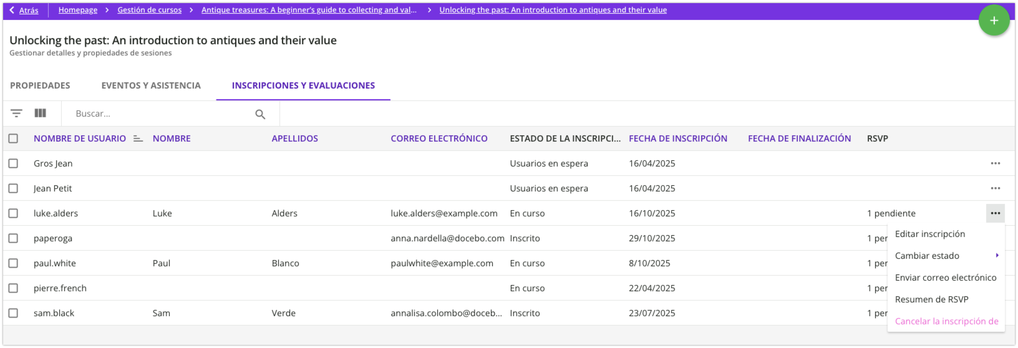Vista de una sesión con la columna RSVP