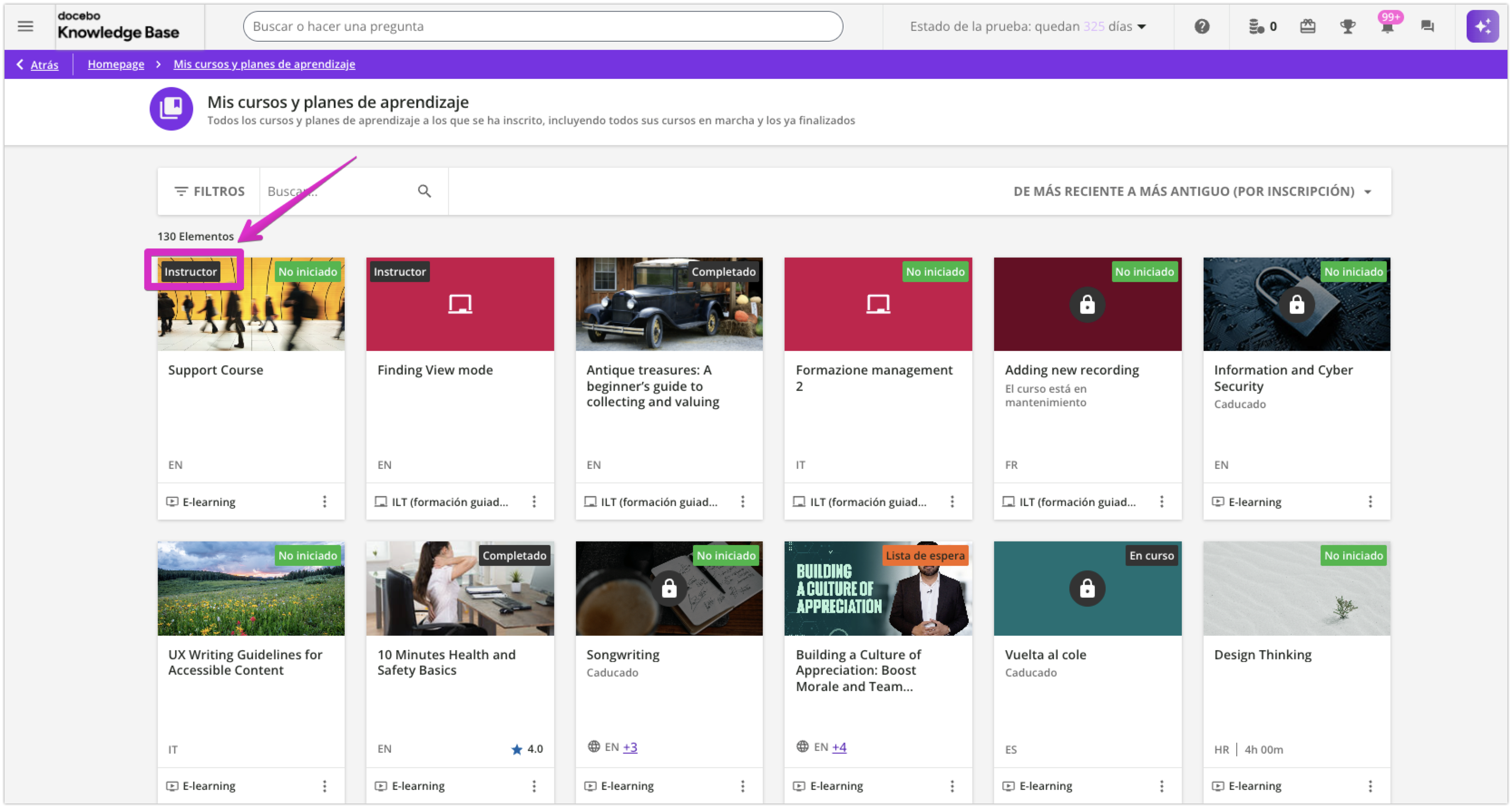 Página Mis cursos y planes de aprendizaje con etiqueta de instructor
