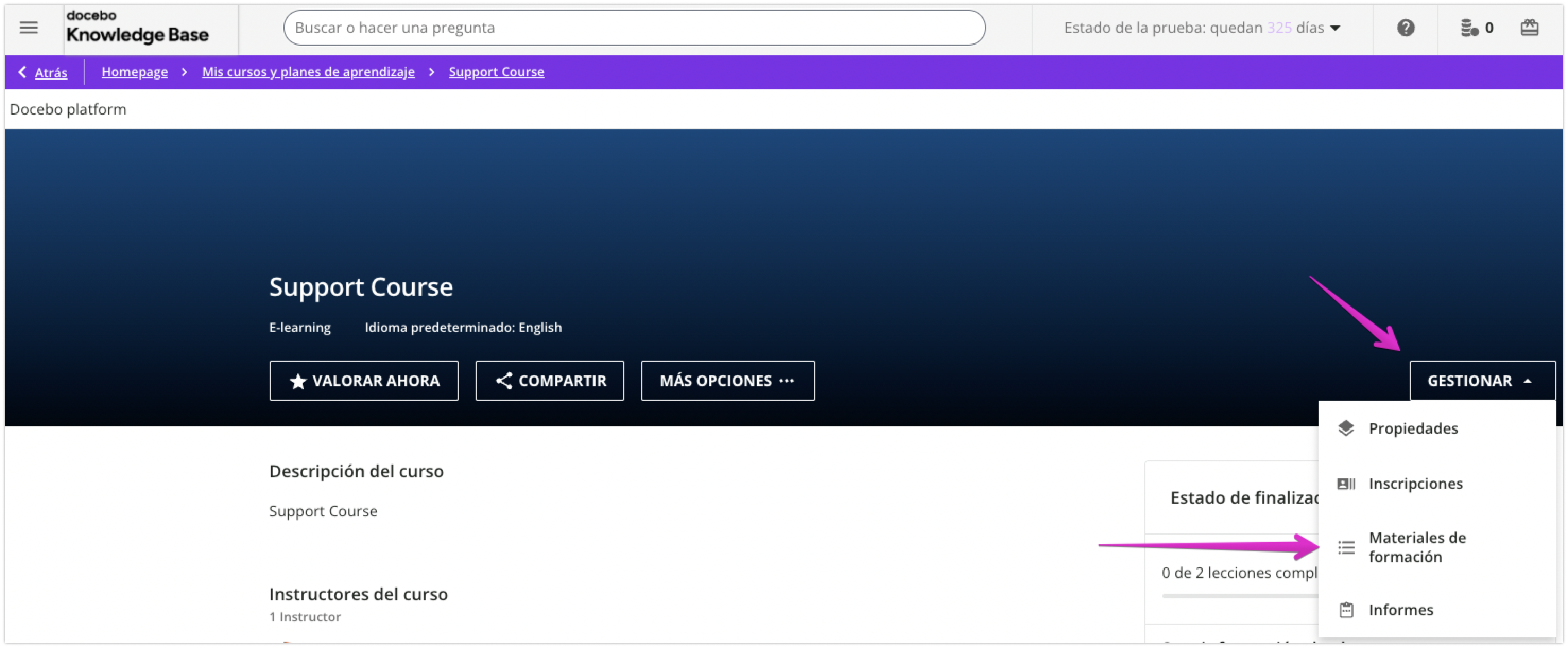 Acción para subir materiales de formación a un curso como instructor