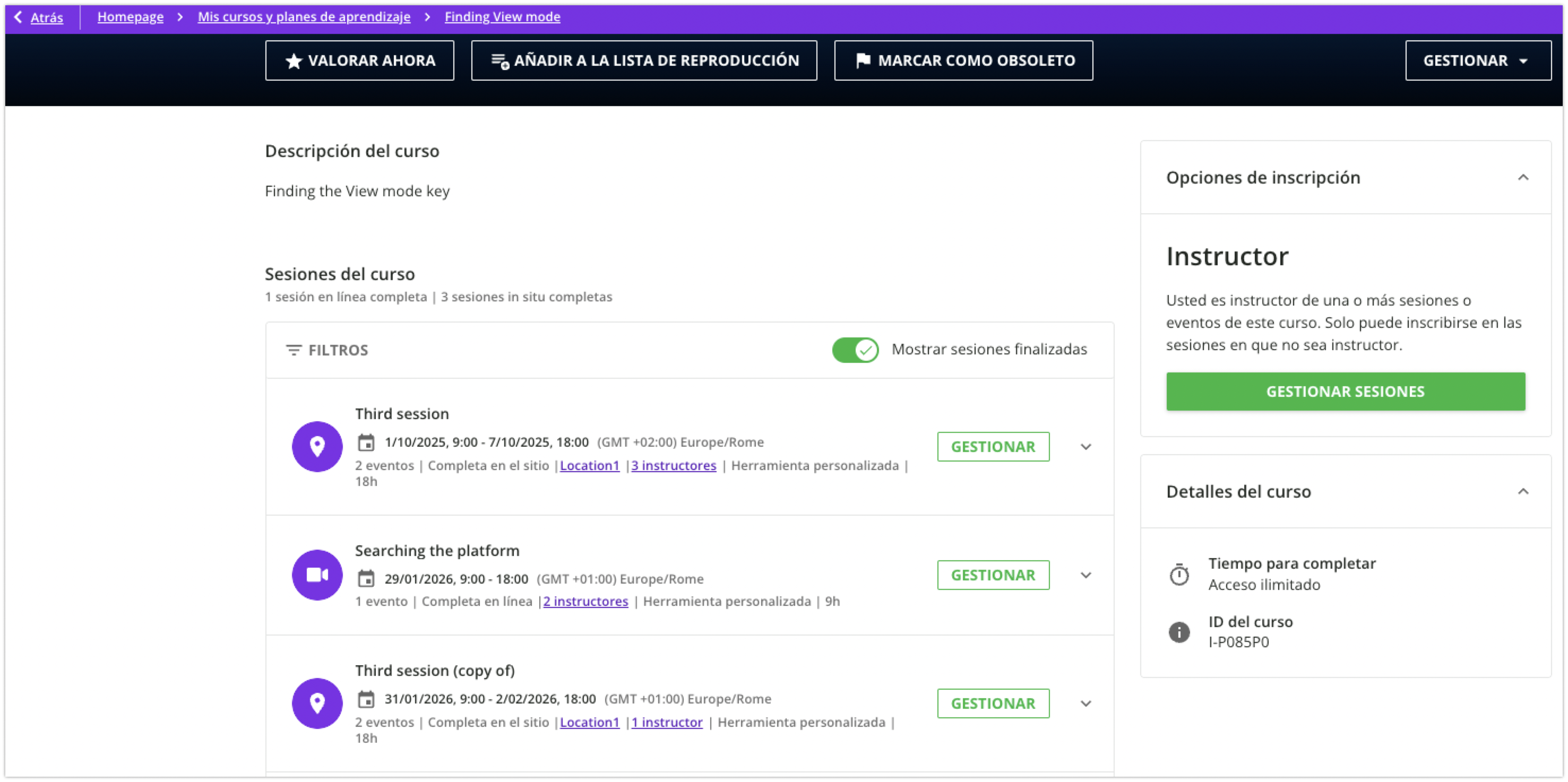 Vista de un curso ILT como instructor