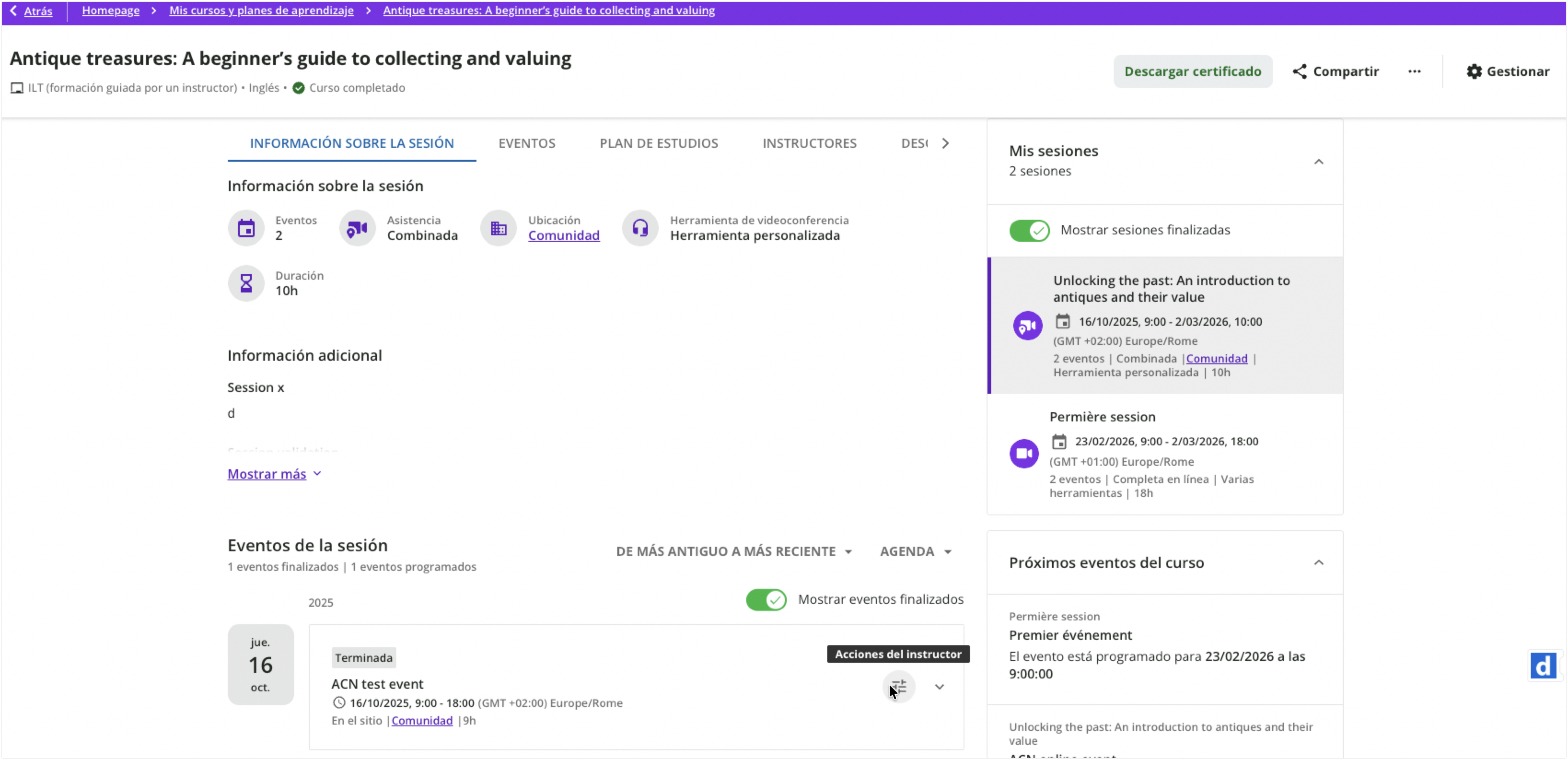 Vista para instructores de sesiones concretas