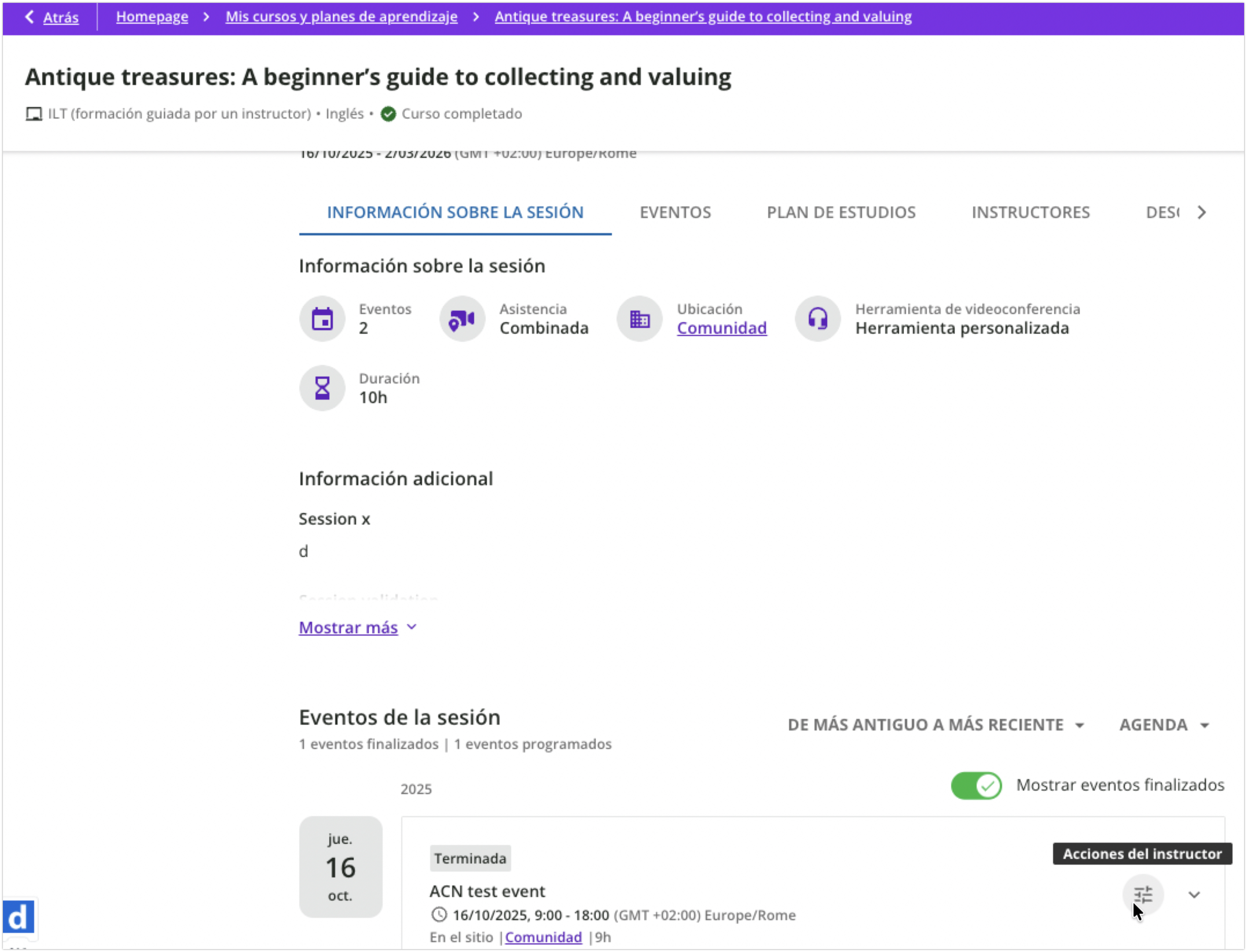 Opciones de la sesión