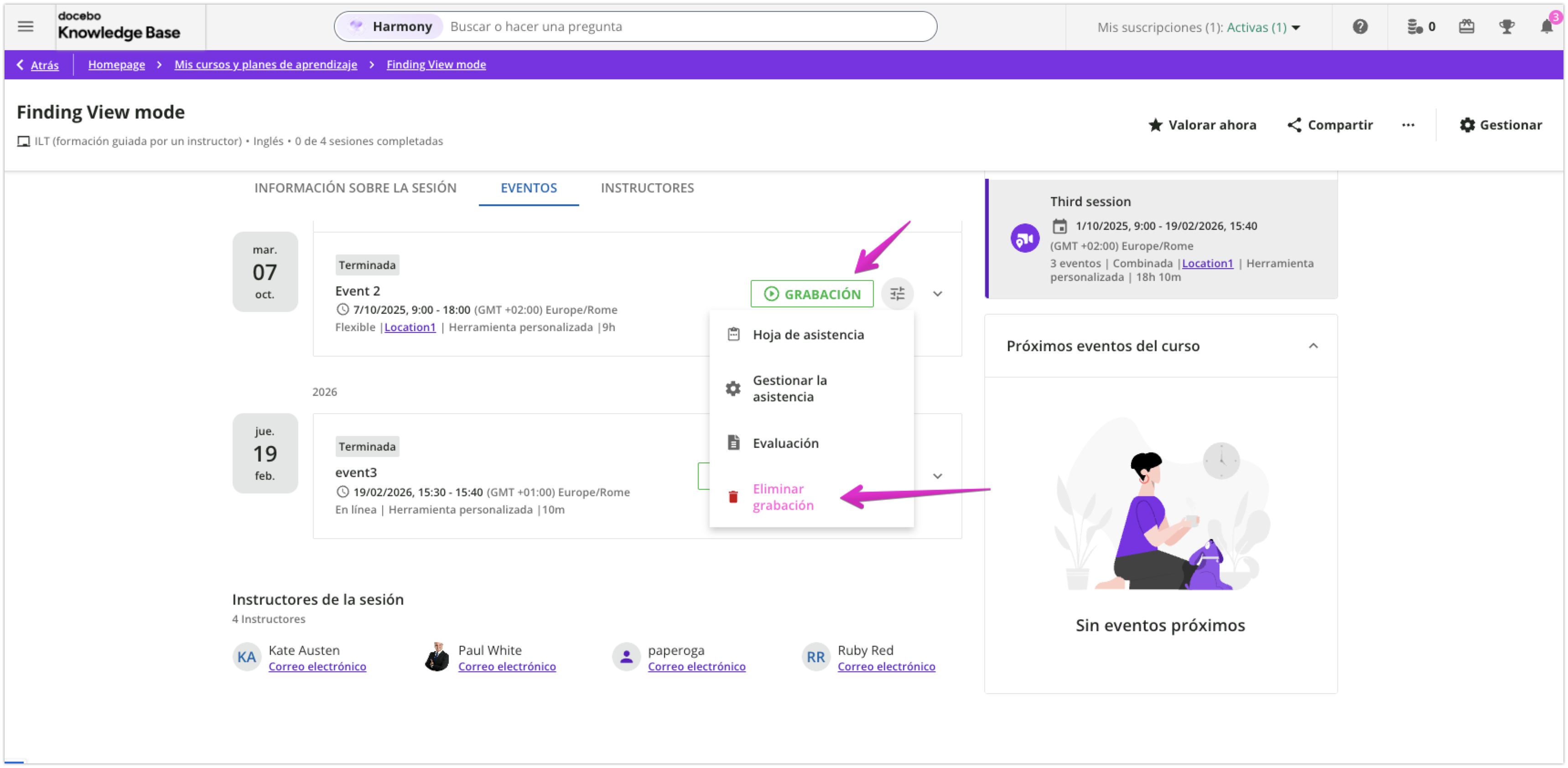 Opción Eliminar grabación