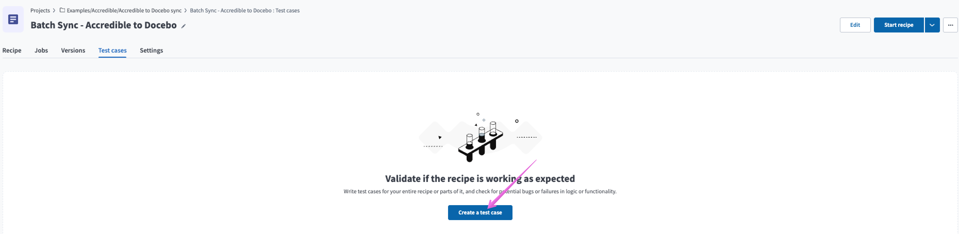 Pressing the Create a test case button