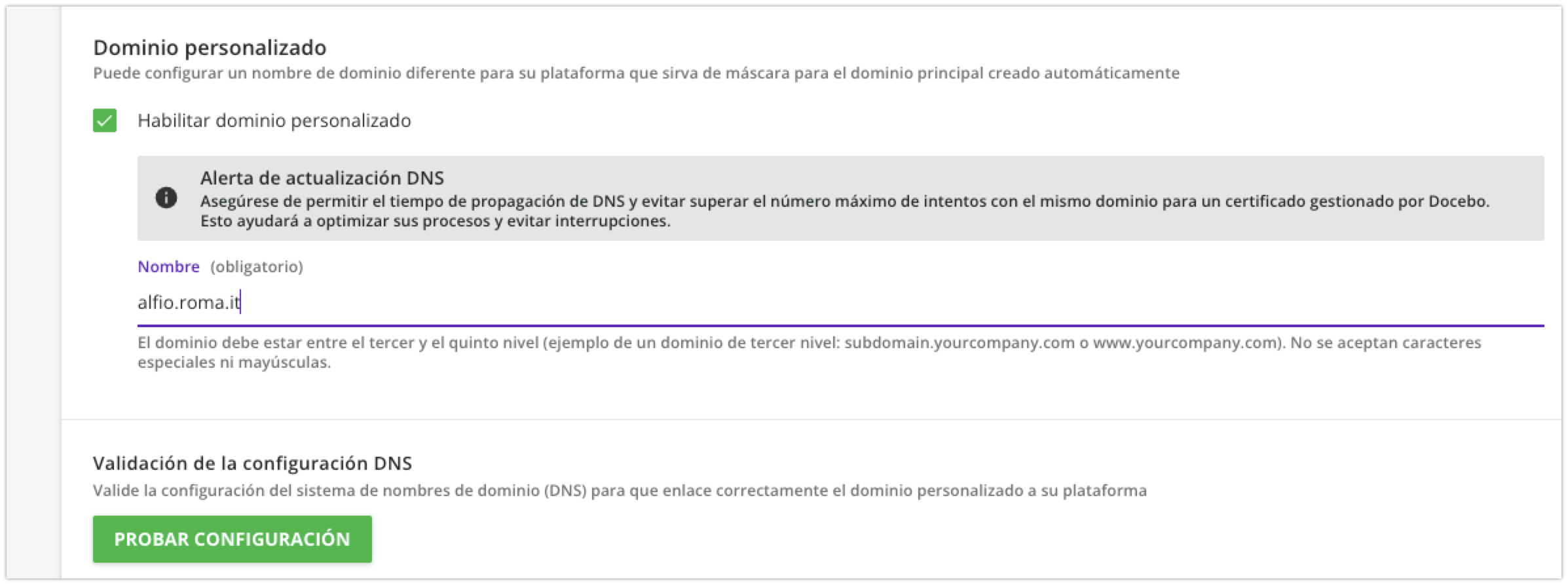 Área Dominio personalizado