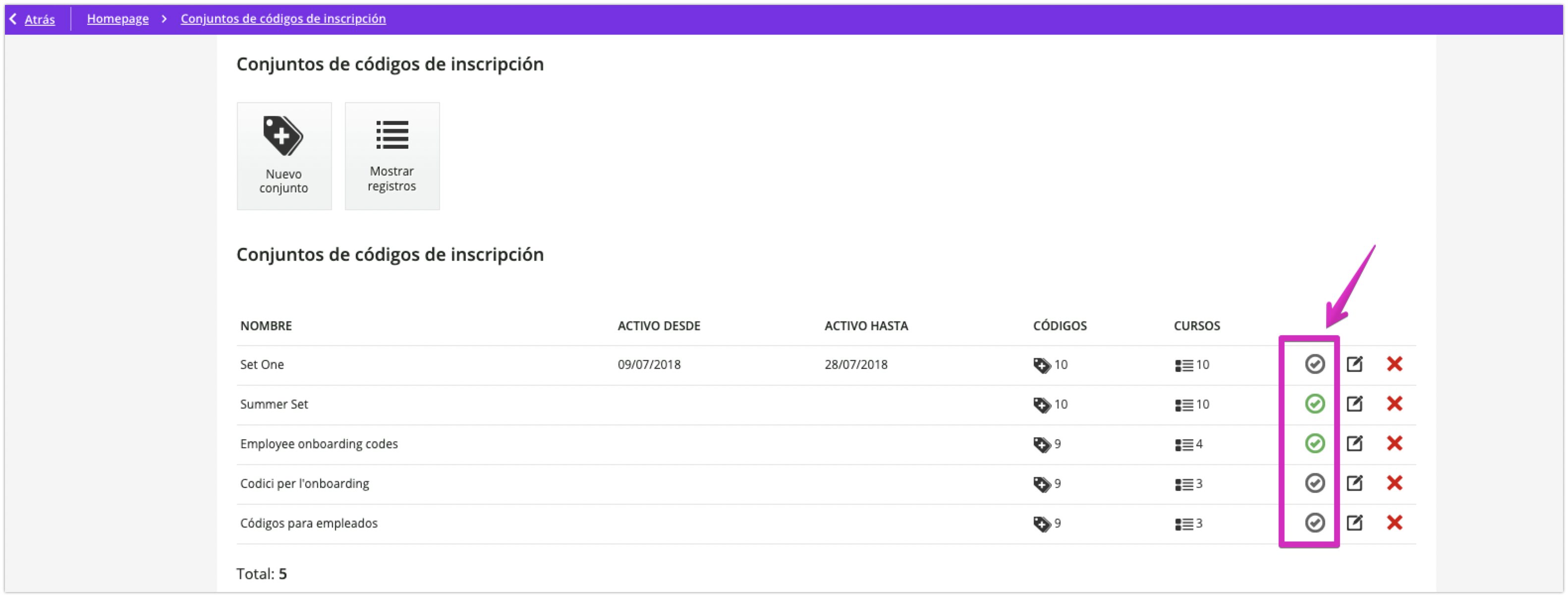 Icono de activación de los conjuntos