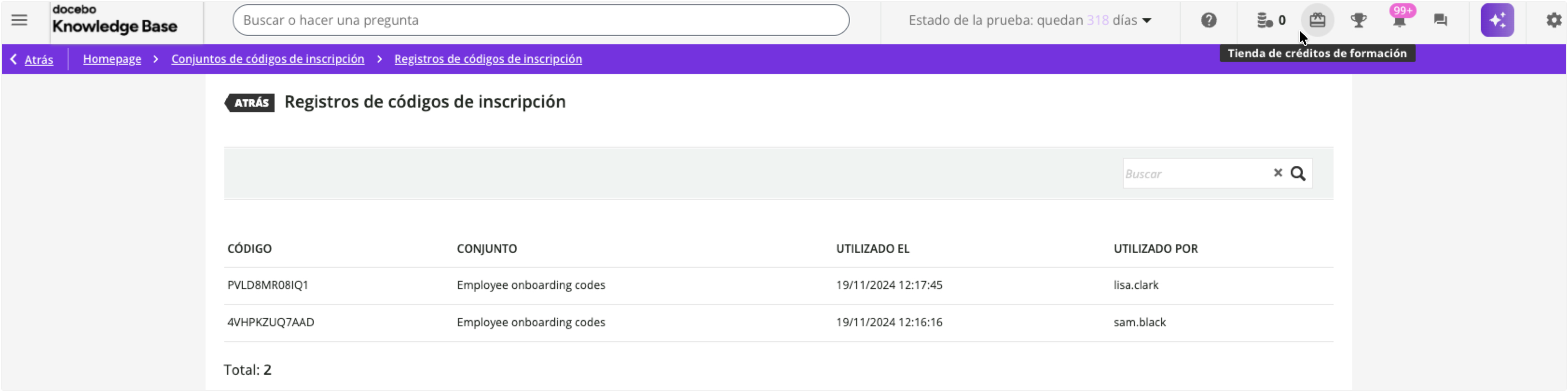 Registros de códigos de inscripción
