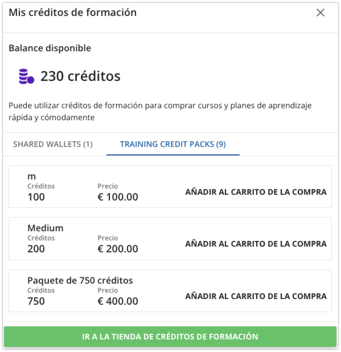 Paquetes de créditos de formación disponibles