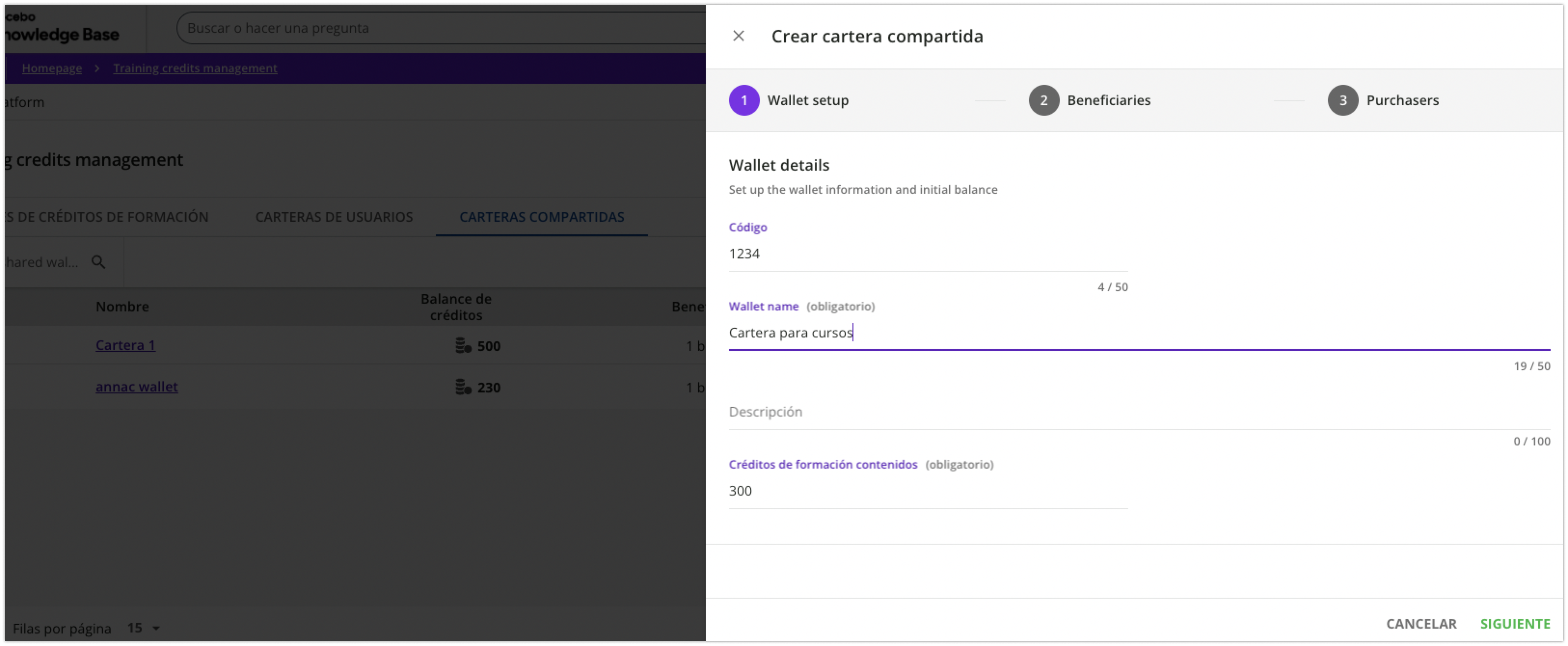 Panel Crear cartera compartida