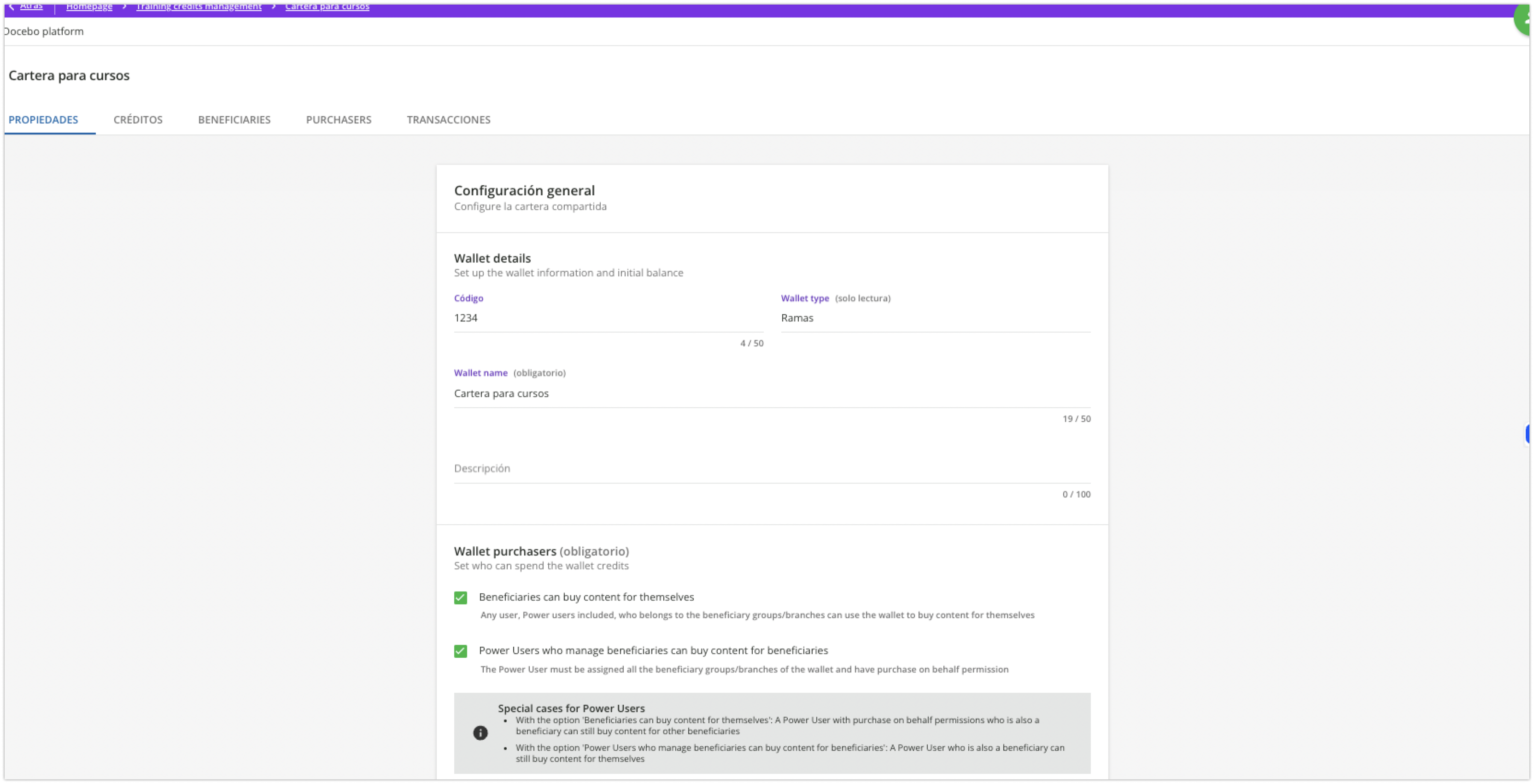 Página de configuración de una cartera compartida