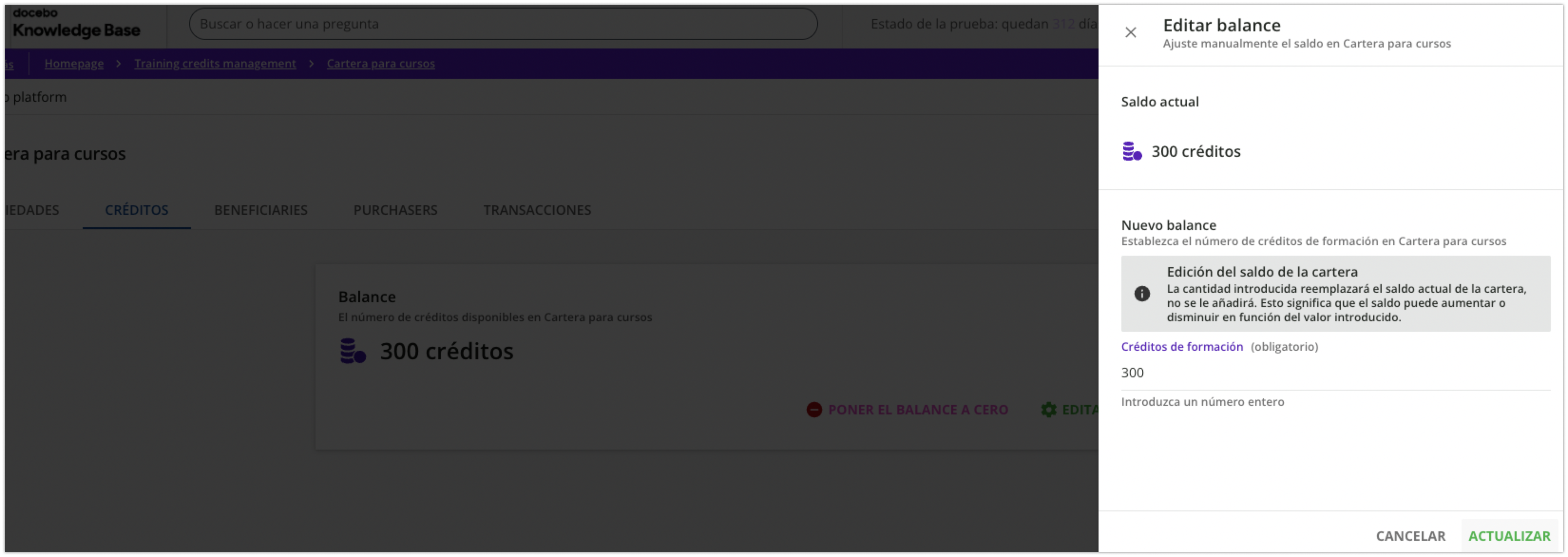 Edición del balance de créditos de la cartera