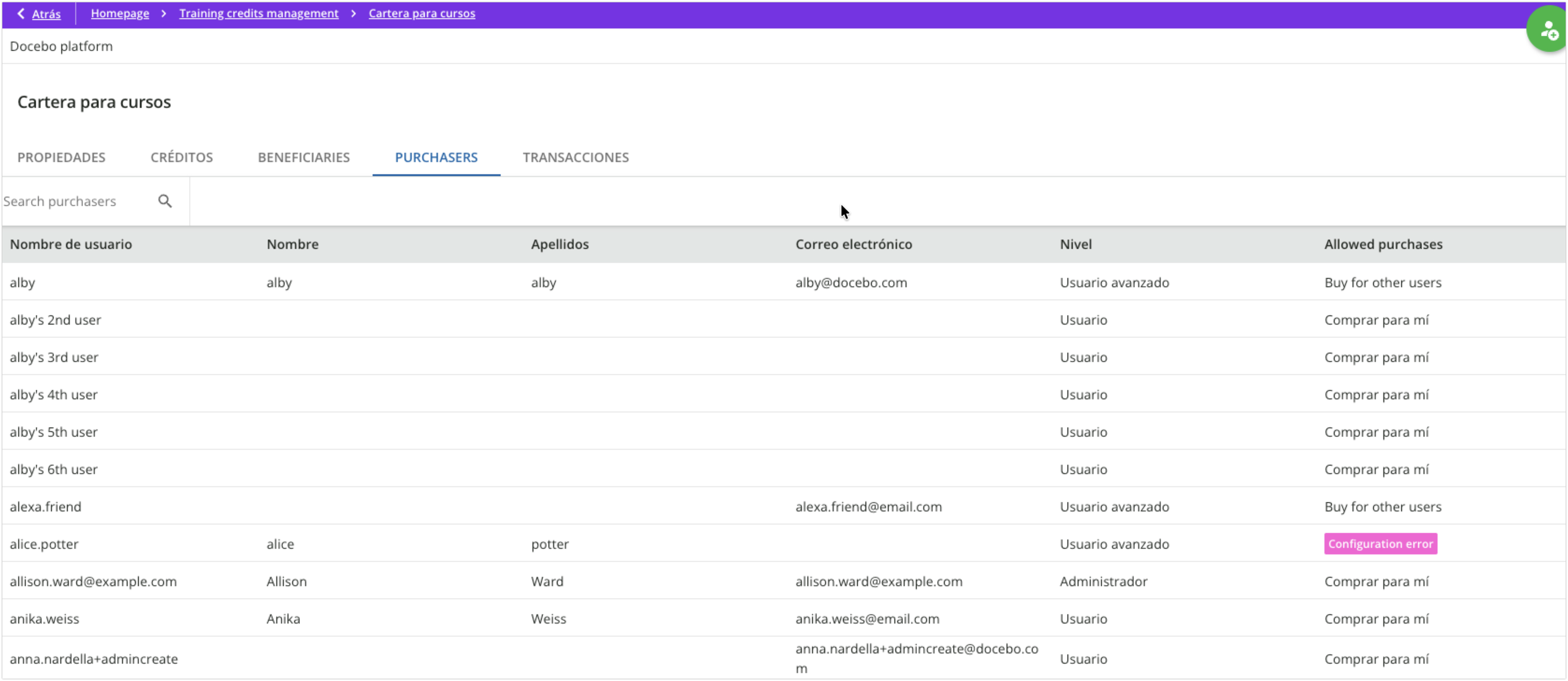 Pestaña Compradores en la configuración de una cartera compartida