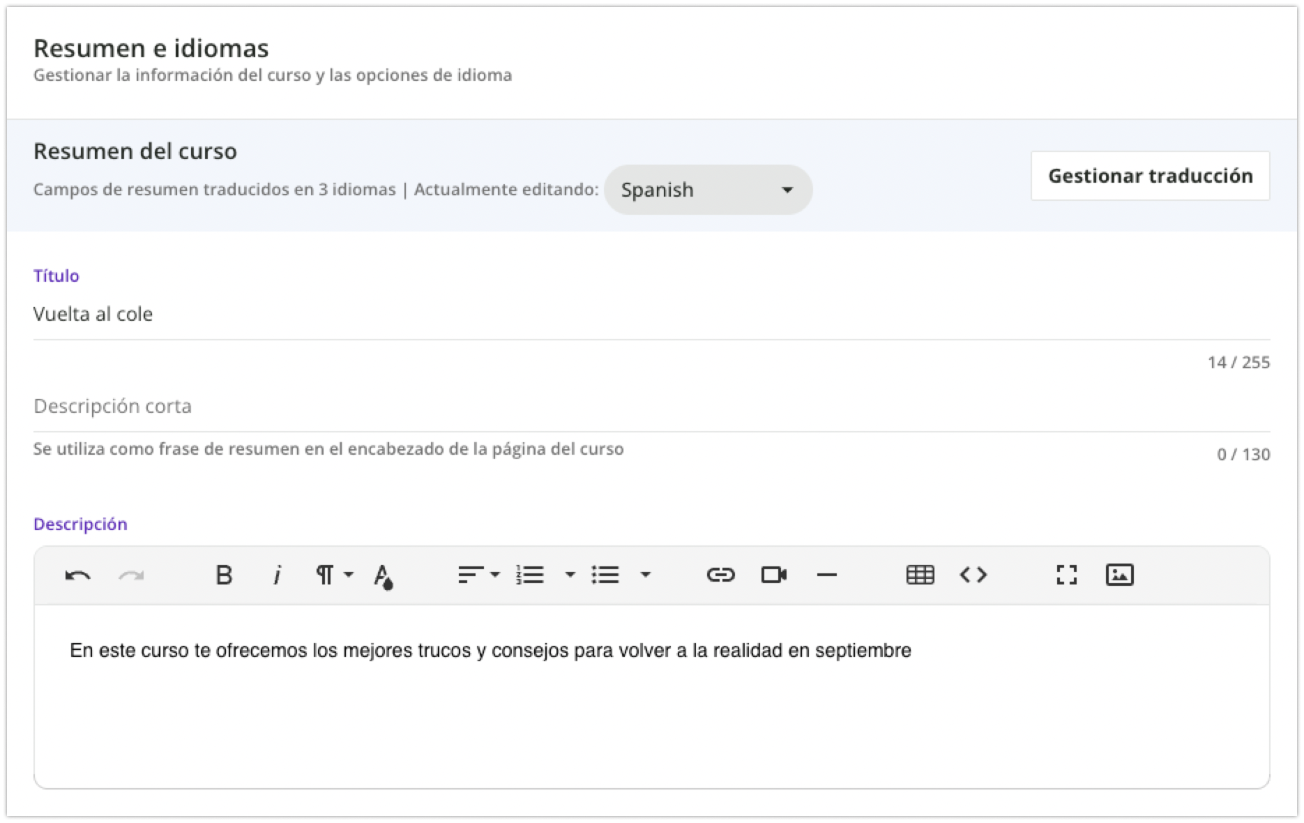 Resumen e idiomas del curso