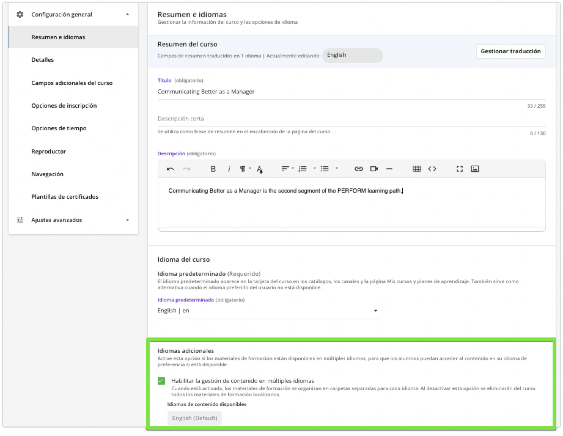 Área Resumen e idiomas del curso