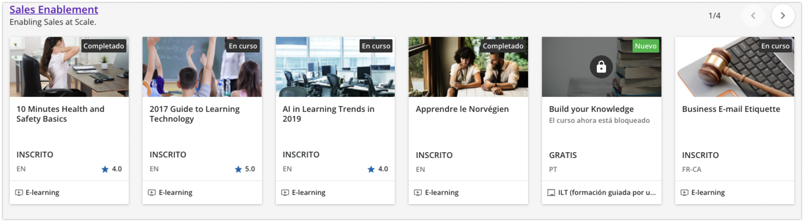 Vista de un catálogo de cursos