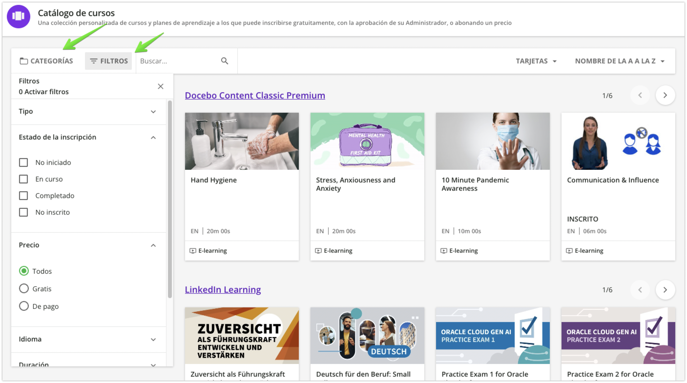 Categorías y filtros del catálogo de cursos