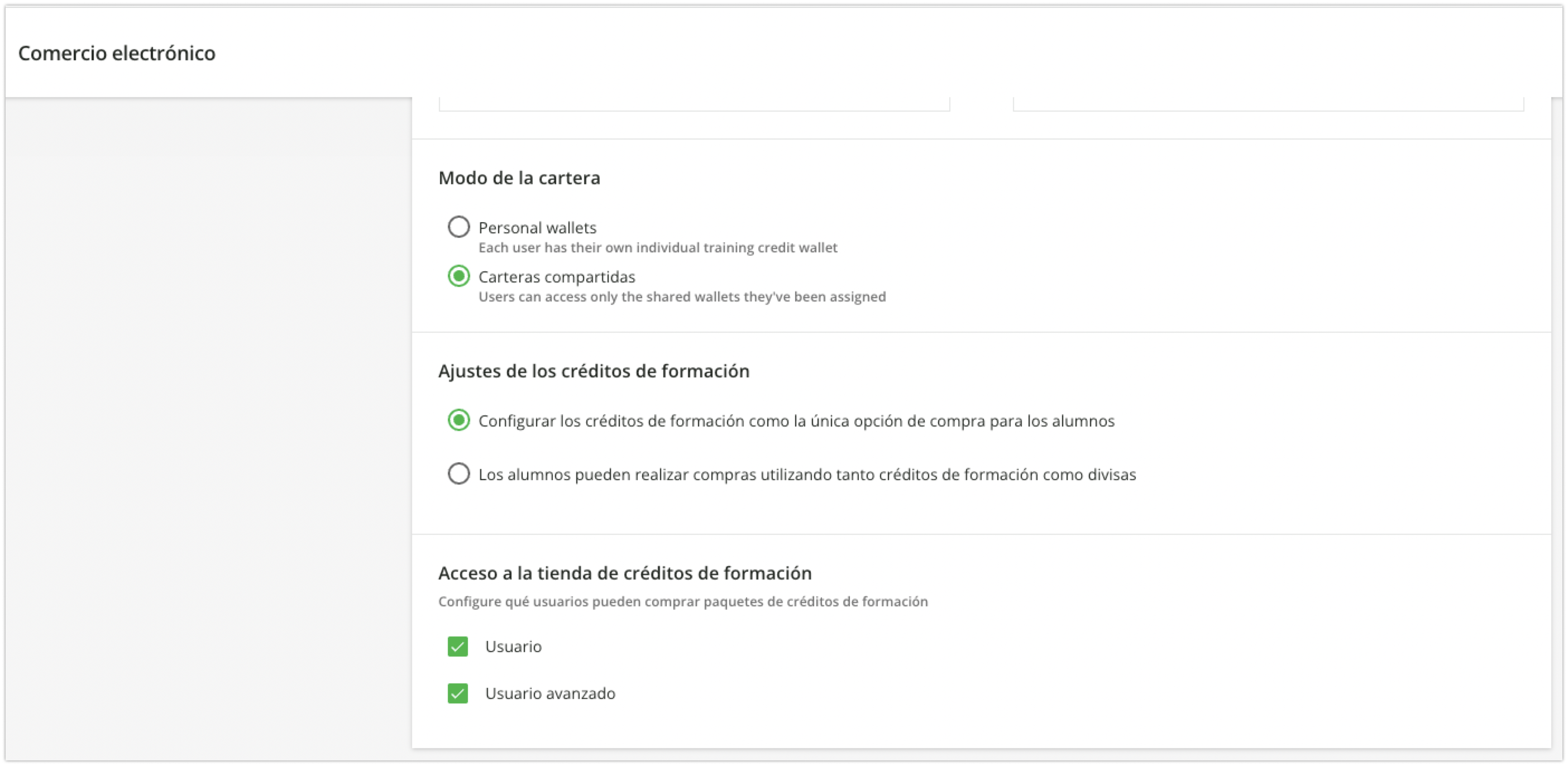 Área de configuración del modo de la cartera