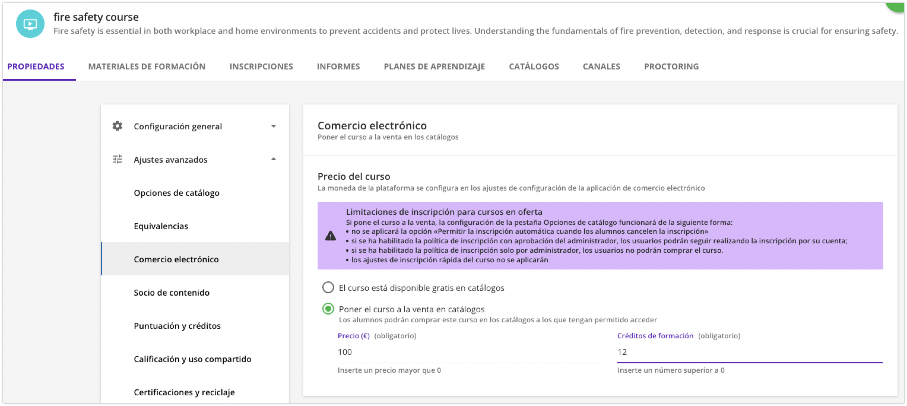 Configuración del precio de un curso en sus propiedades