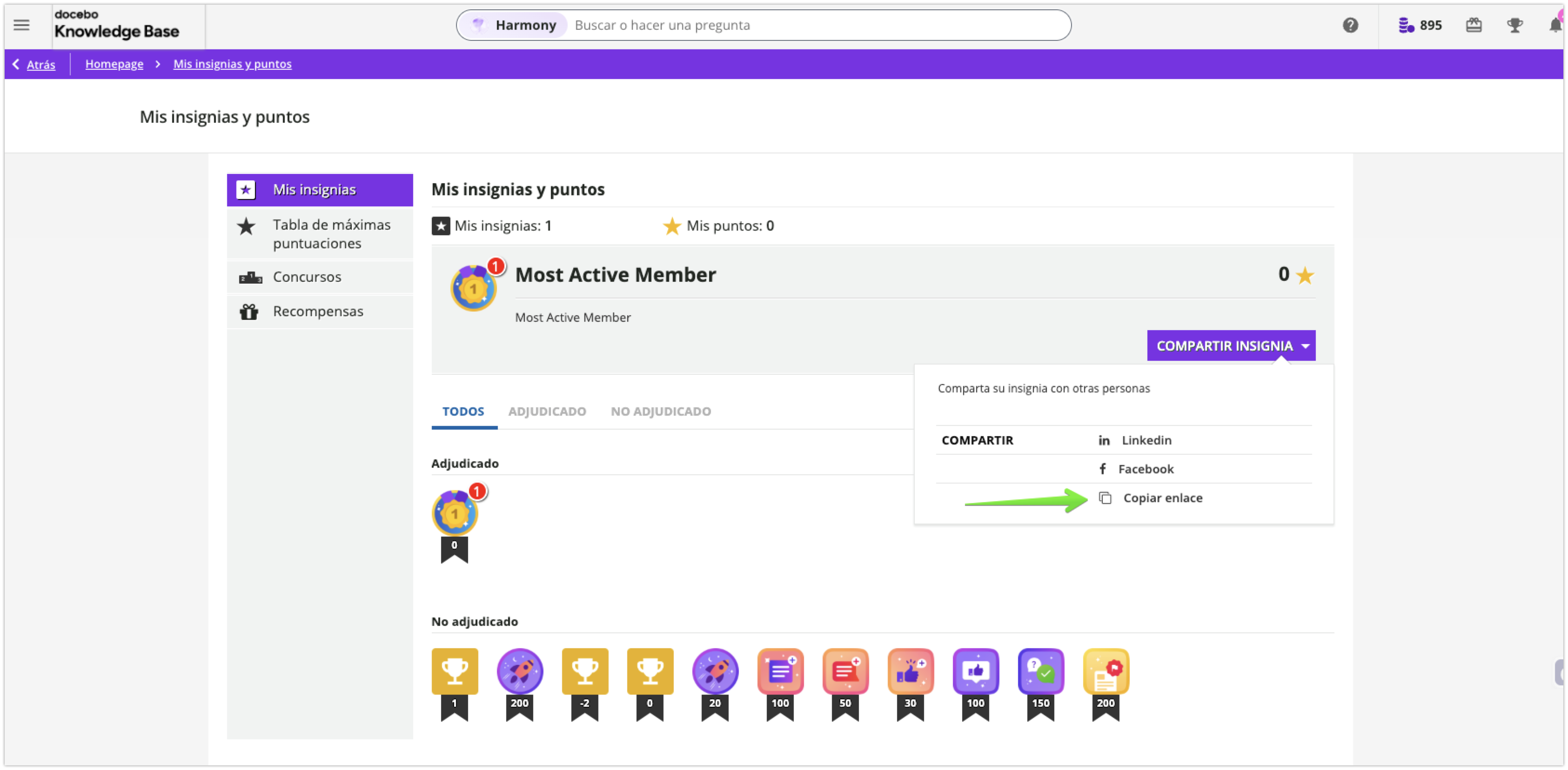 Opción de copiar el enlace de una insignia