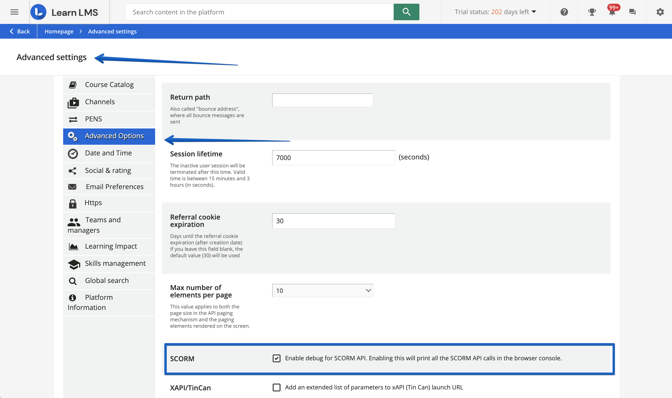 Scorm debug in Advanced settings