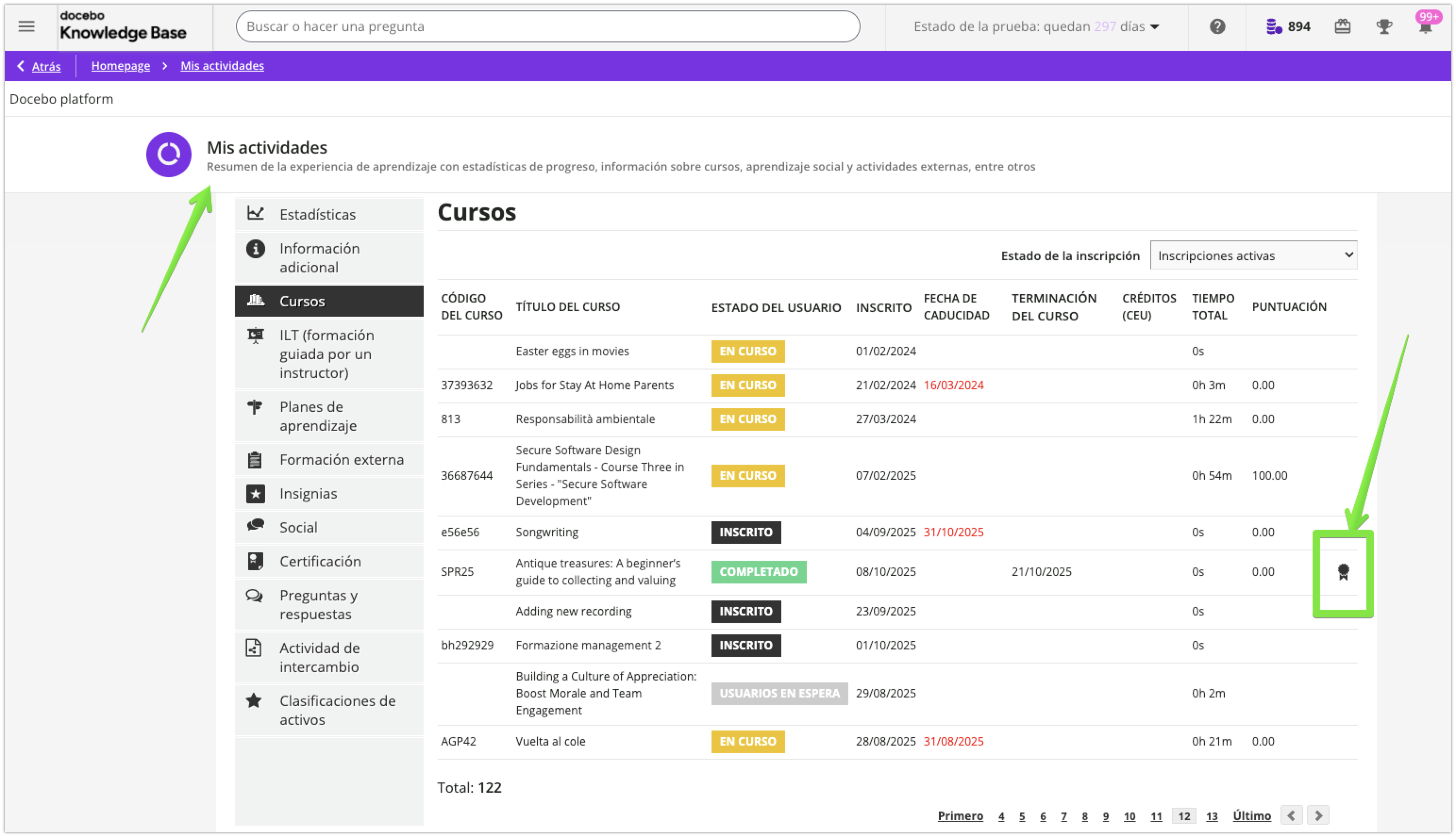 Vista de los certificados en Mis actividades