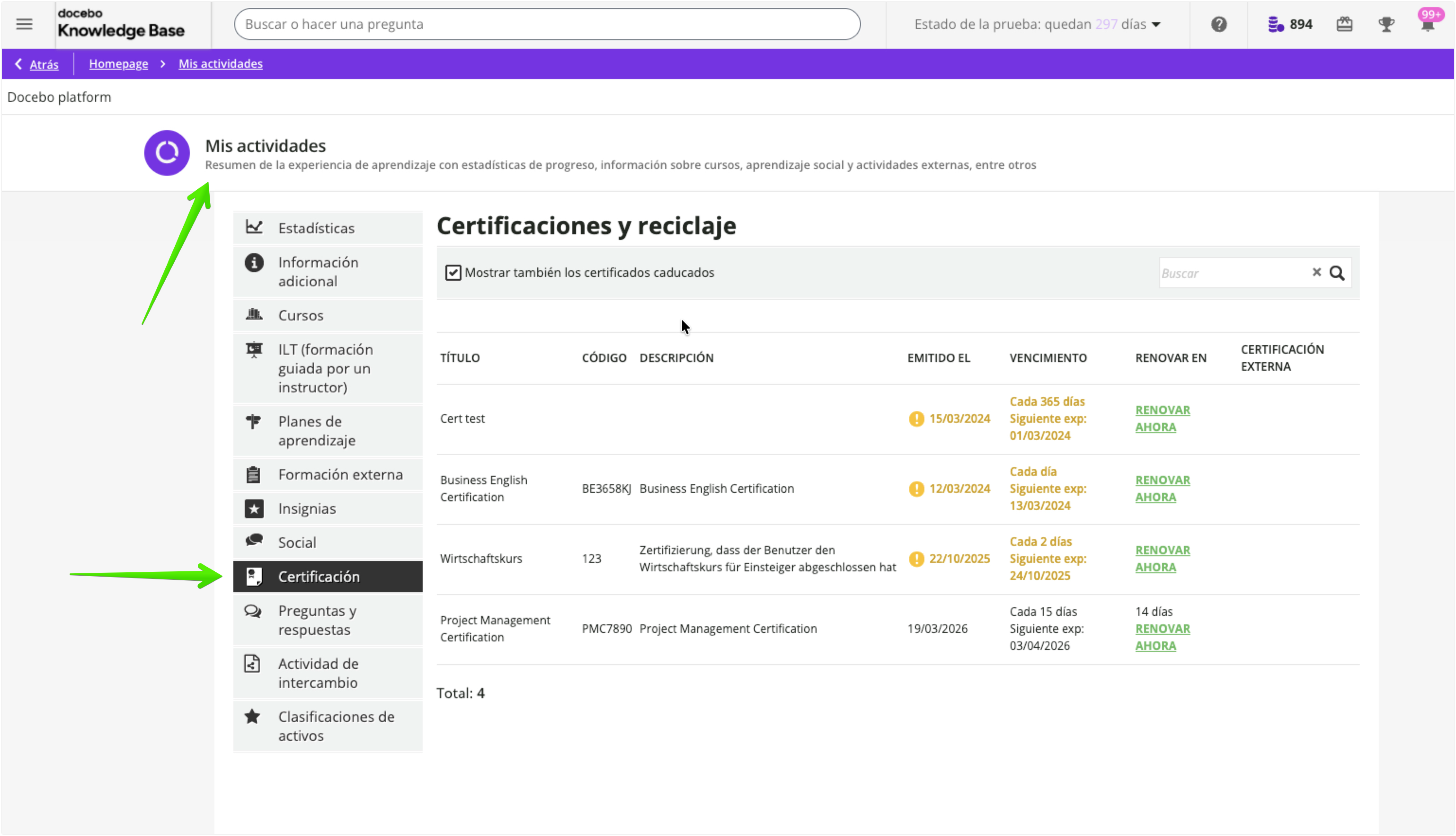 Pestaña Certificación de Mis actividades