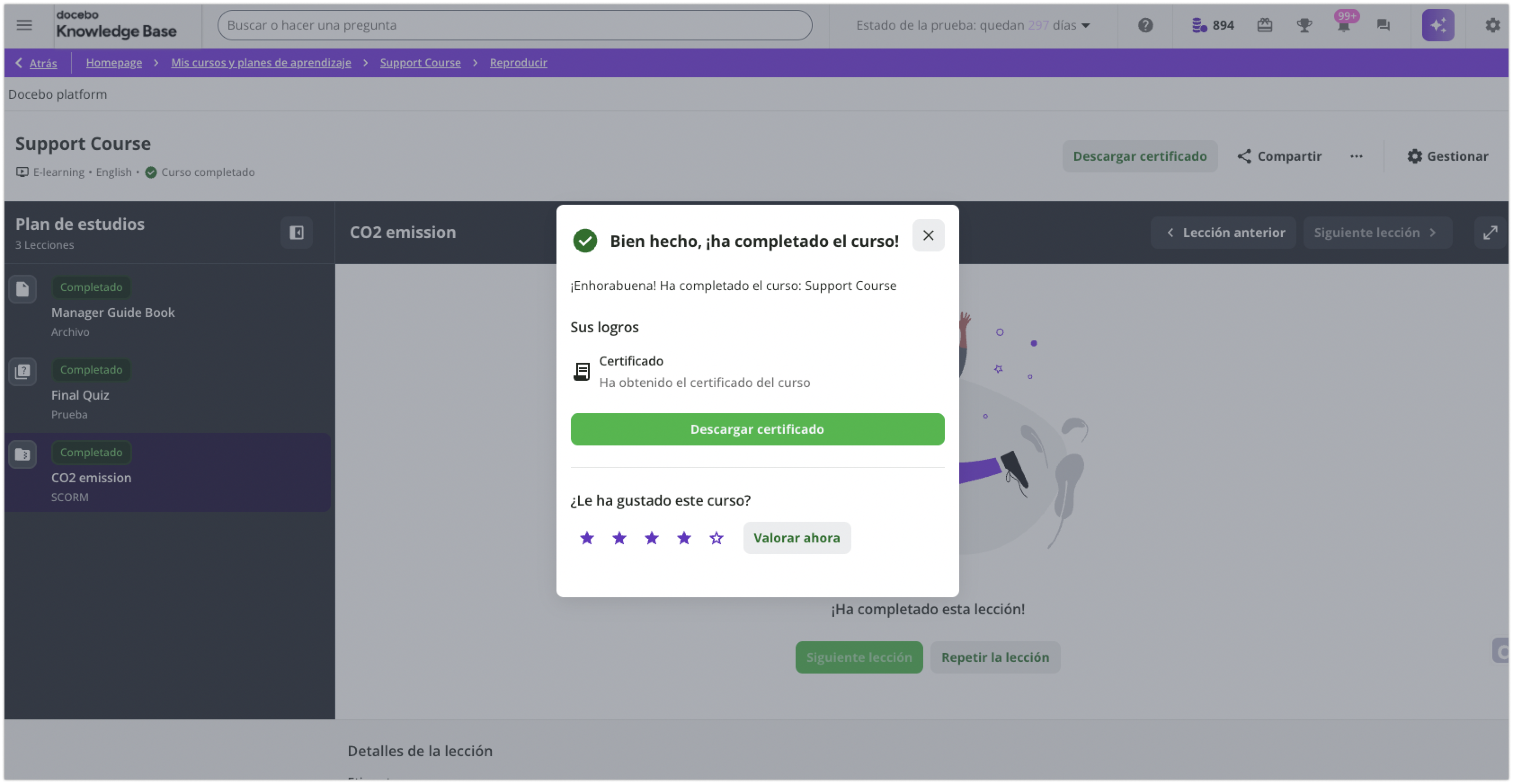 Ventana emergente para la descarga de un certificado