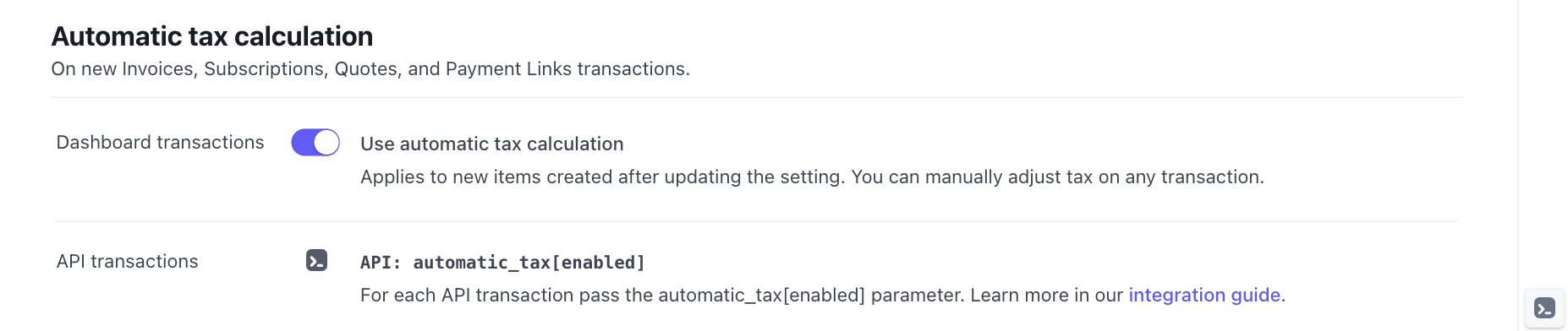 Automatic tax calculation settings