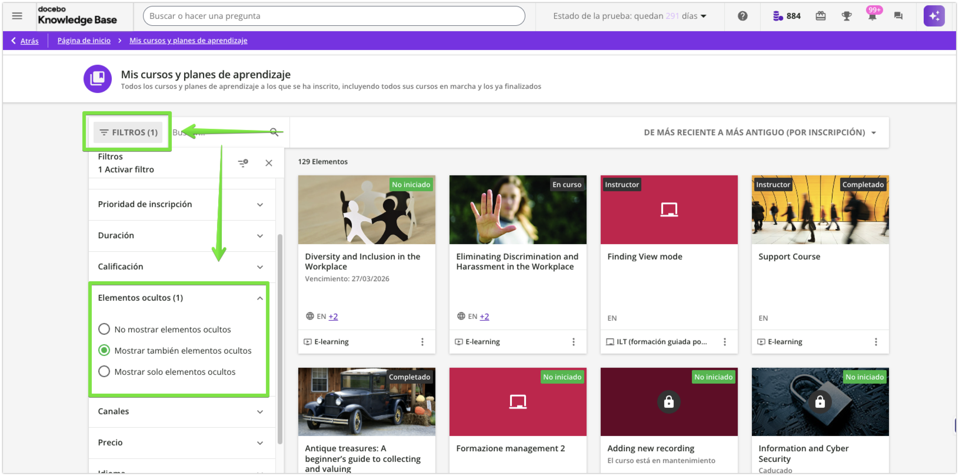 Vista de los filtros relativos a los elementos ocultos