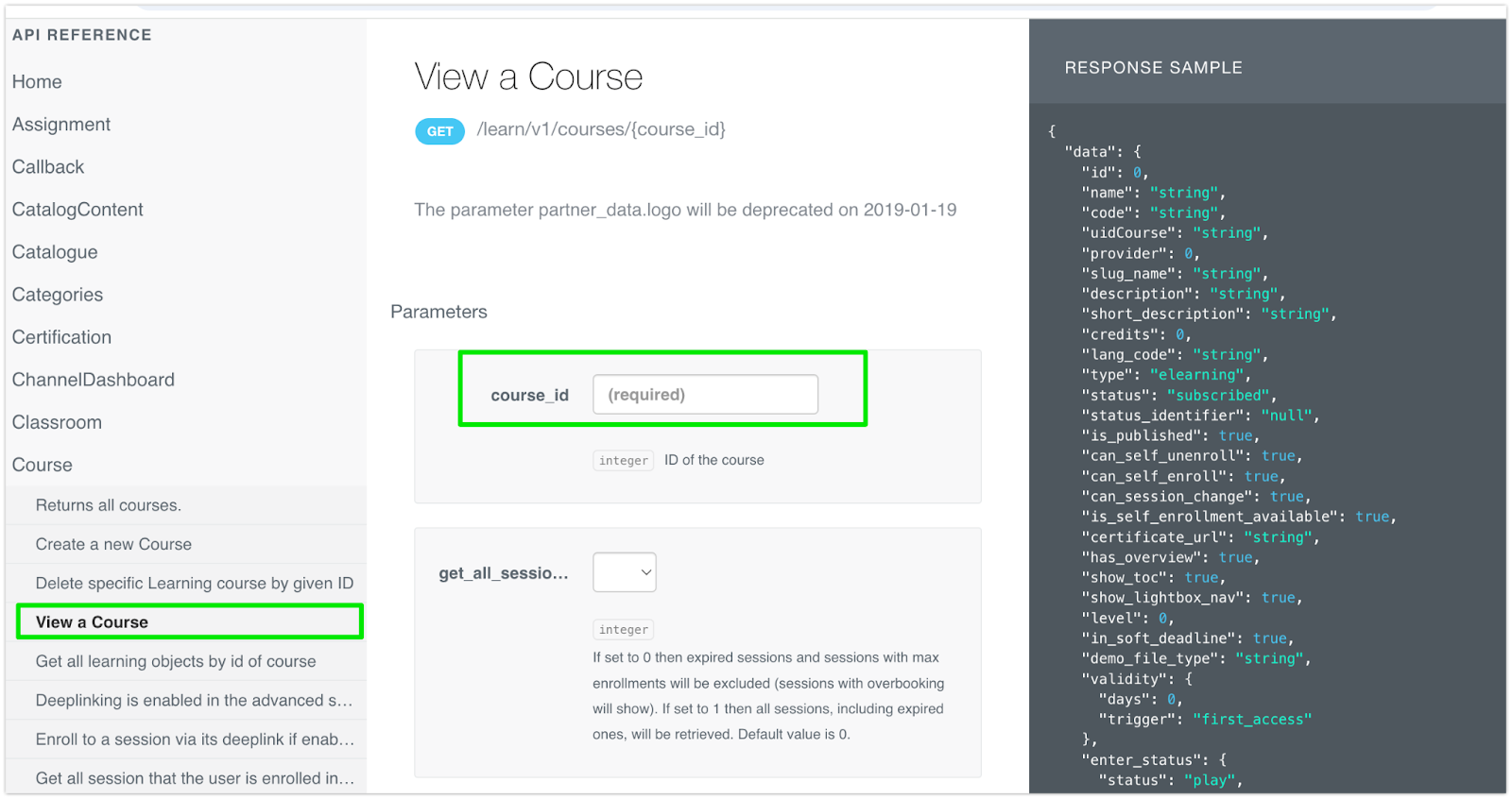 Vista del ID de un curso