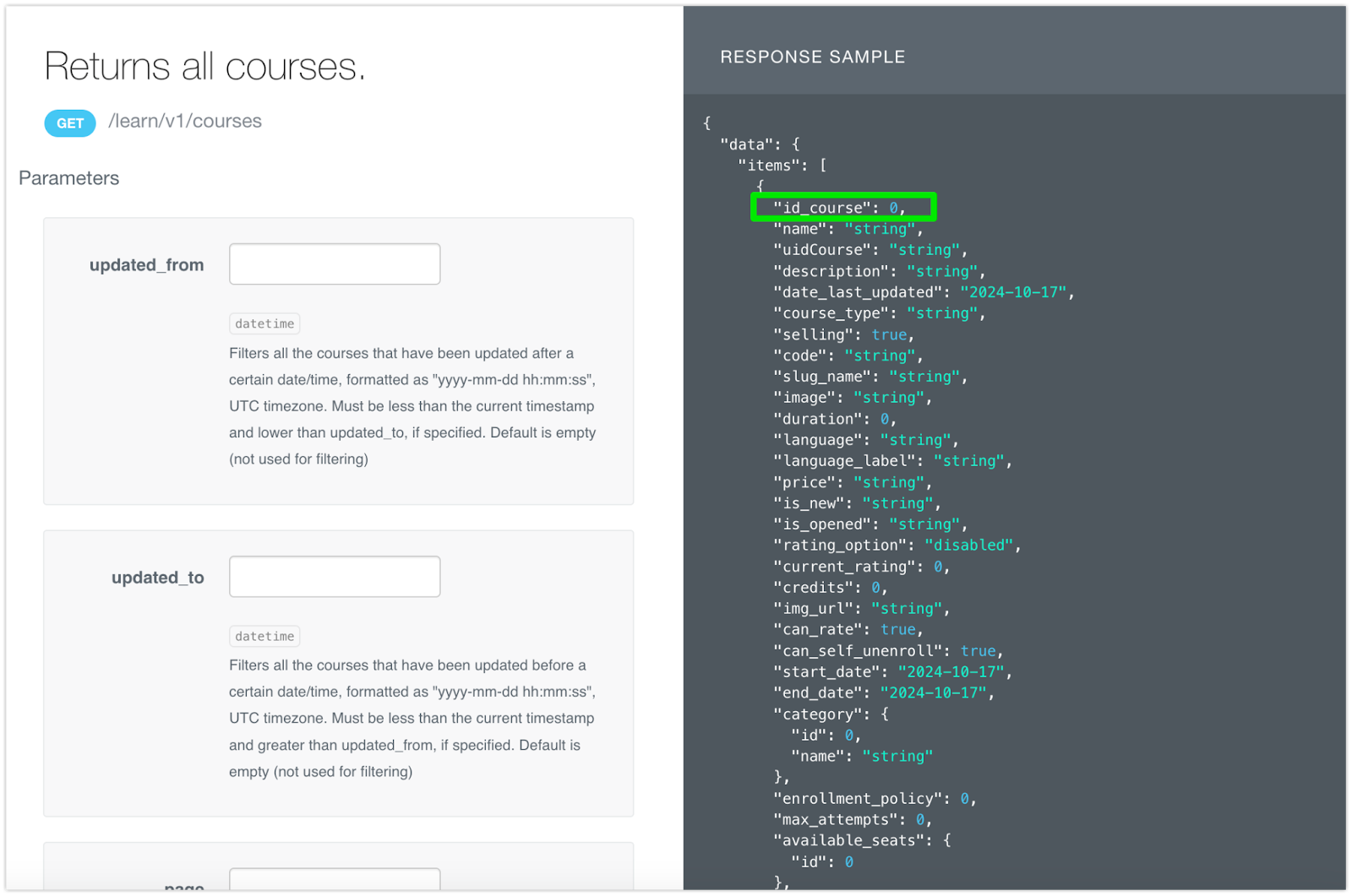 Opción Devuelve todos los cursos