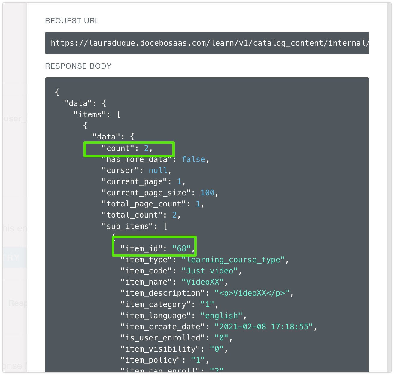 Muestra de la estructura de la respuesta