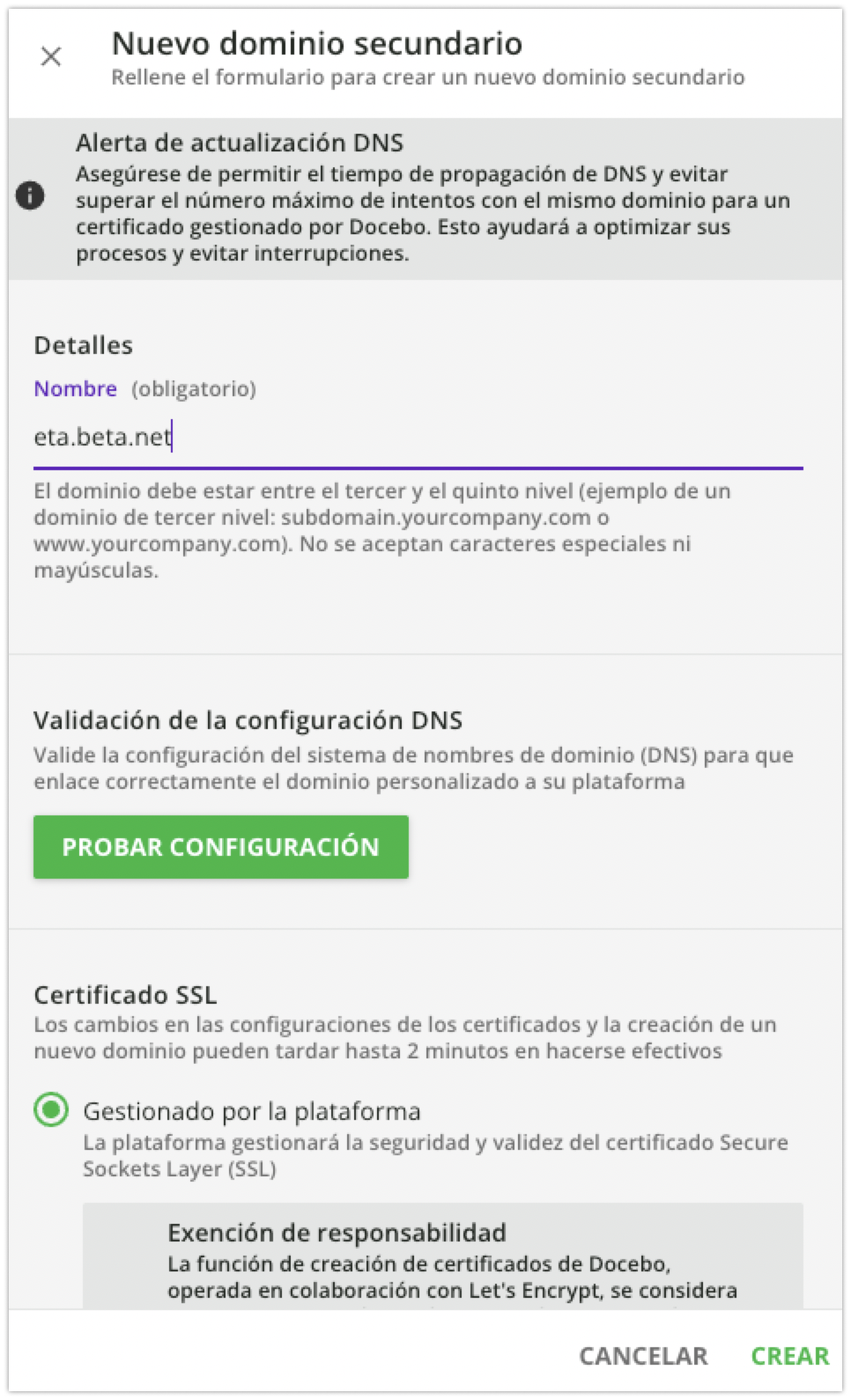 Panel de creación de un nuevo dominio secundario