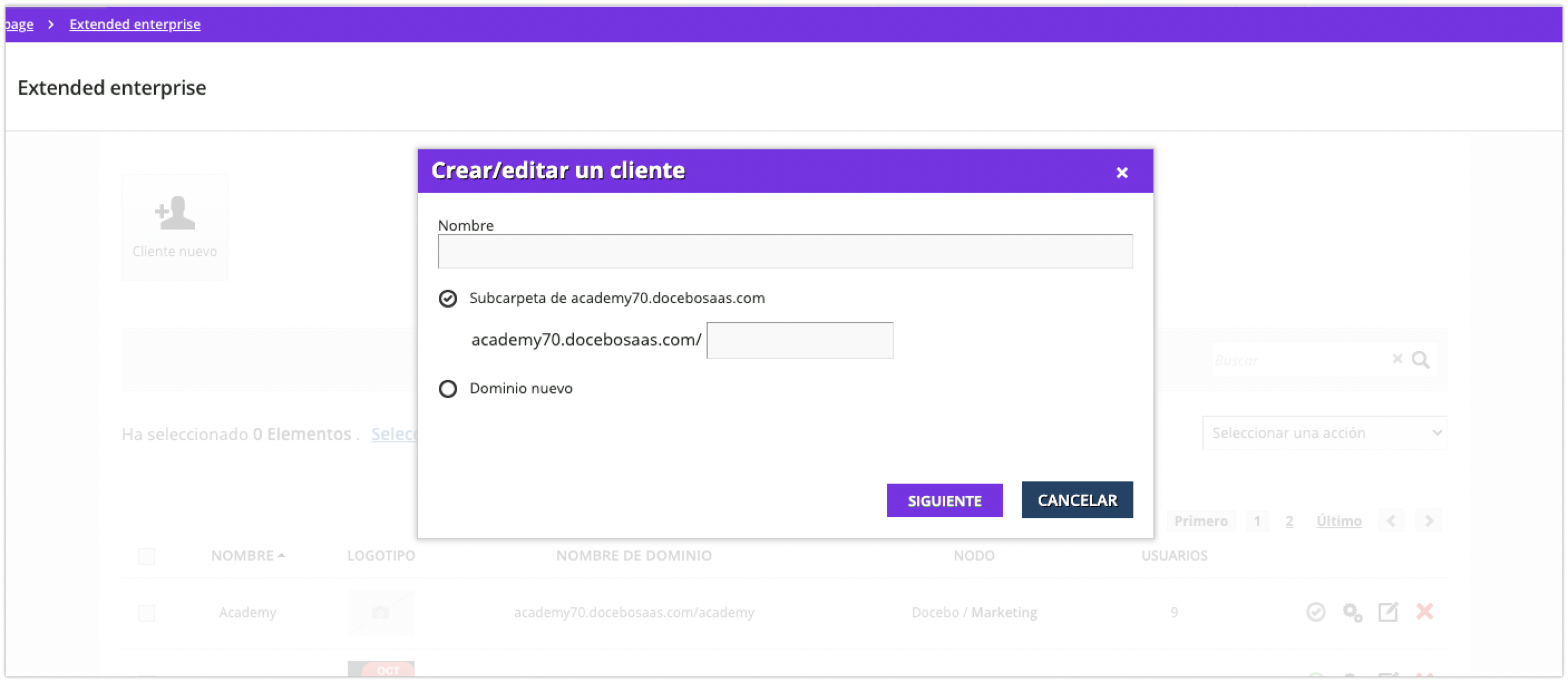 Asociación de un cliente en Extended enterprise