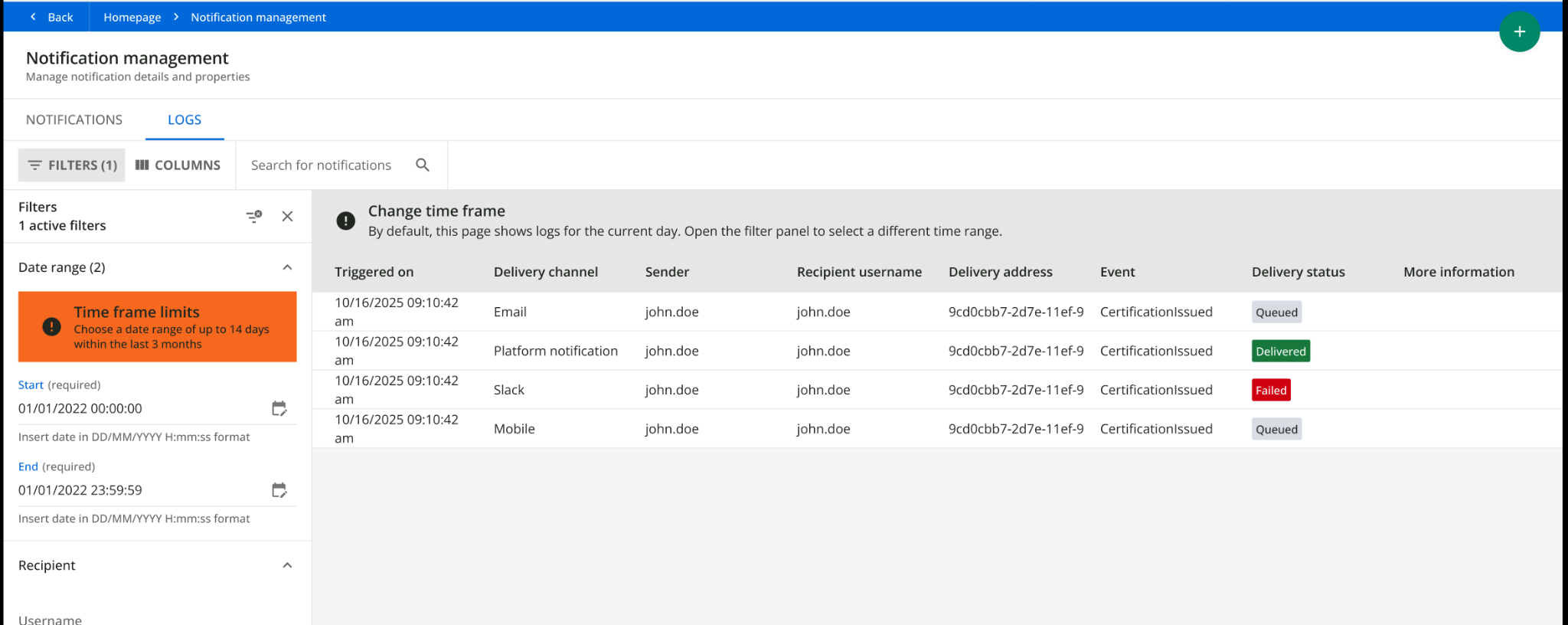 The notification management screen showing the logs tab