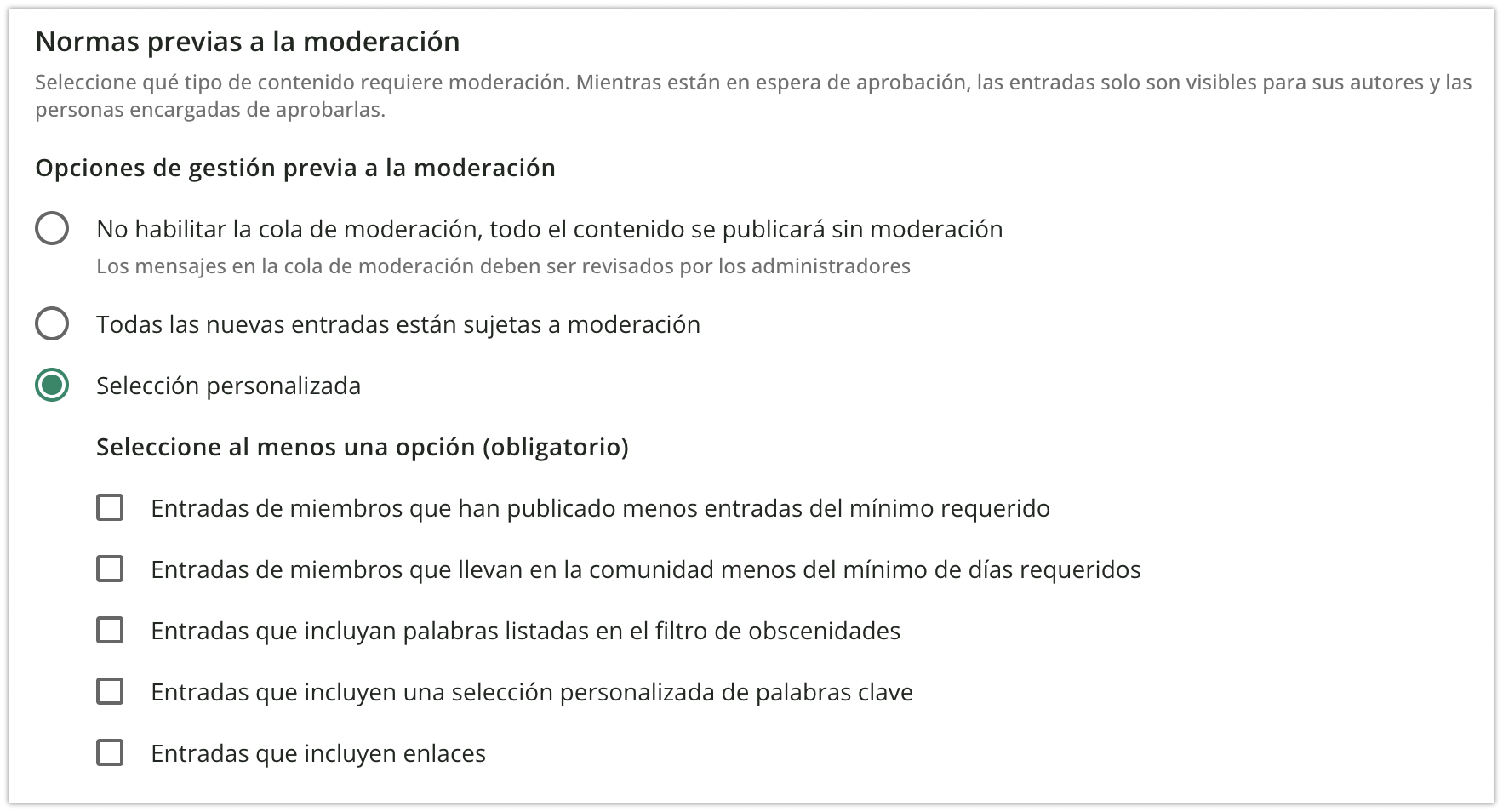 Configuración de las normas previas a la moderación
