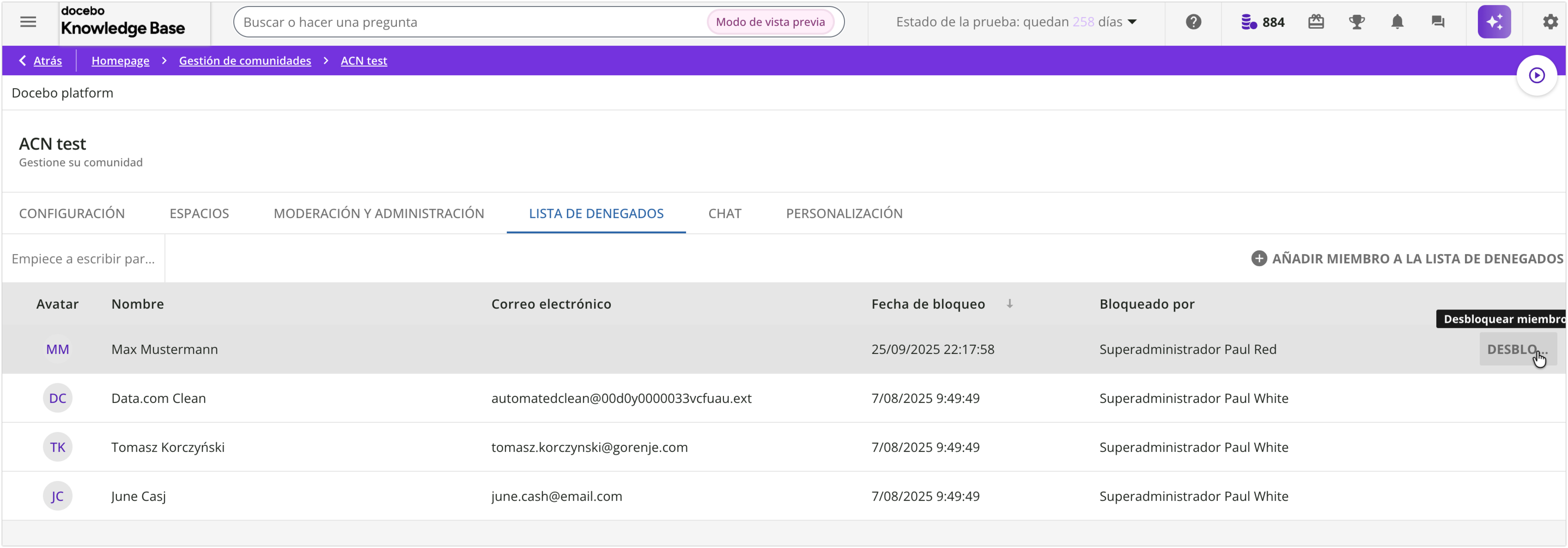Bloquear y desbloquear miembros en la lista de denegados