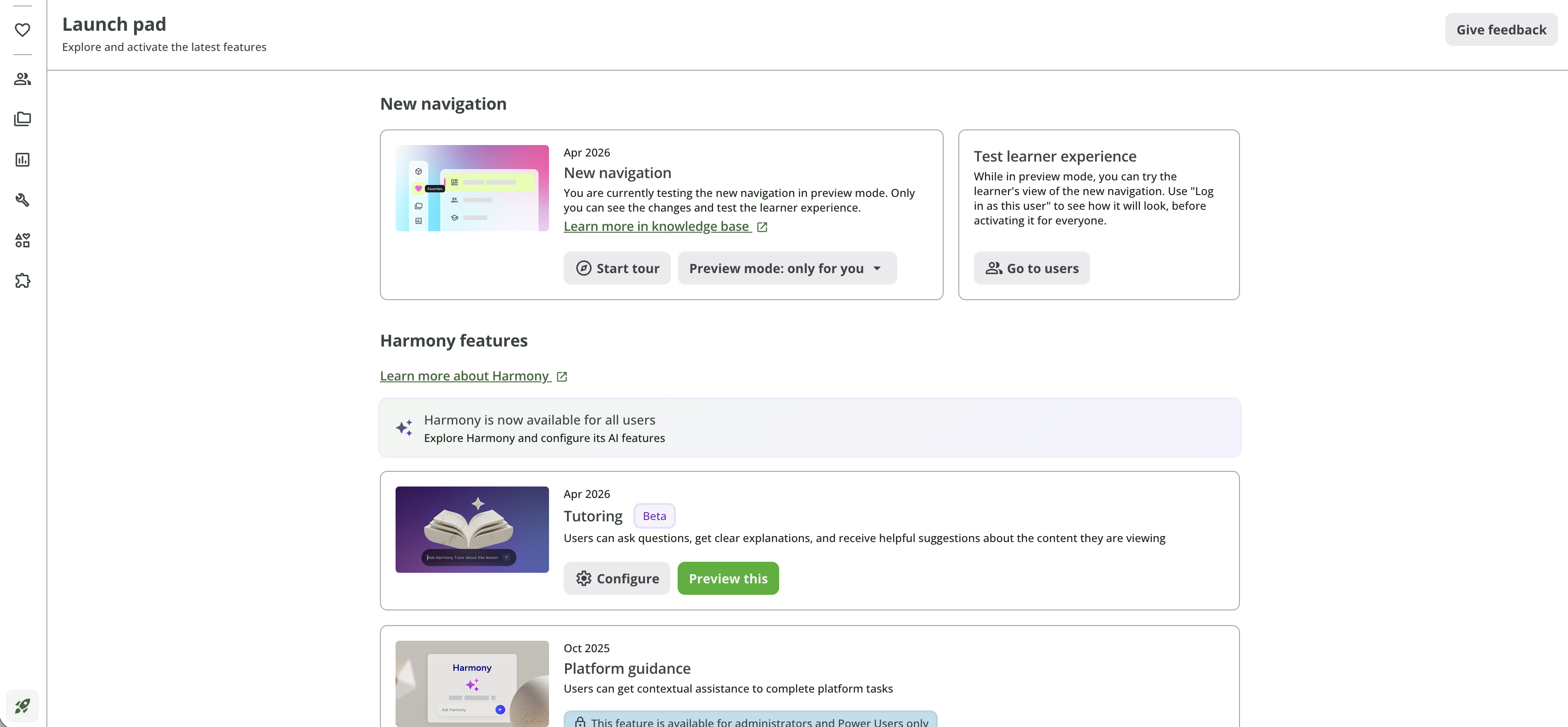 launch pad controls page preview