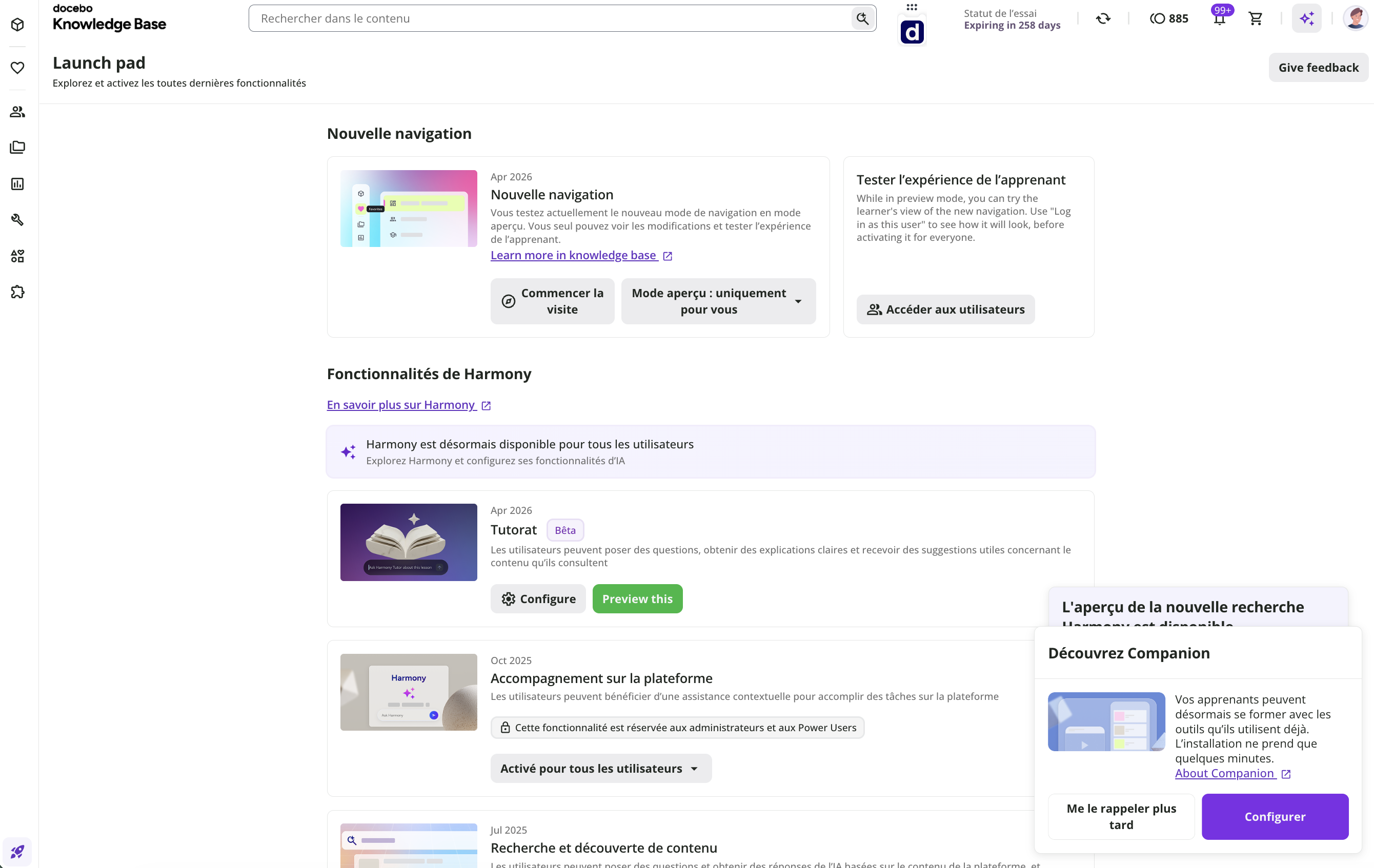 Aperçu de la page de contrôle de l’aire de lancement