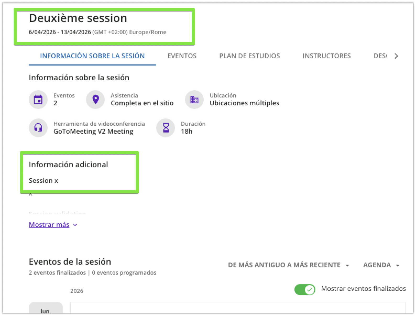 Información sobre la sesión